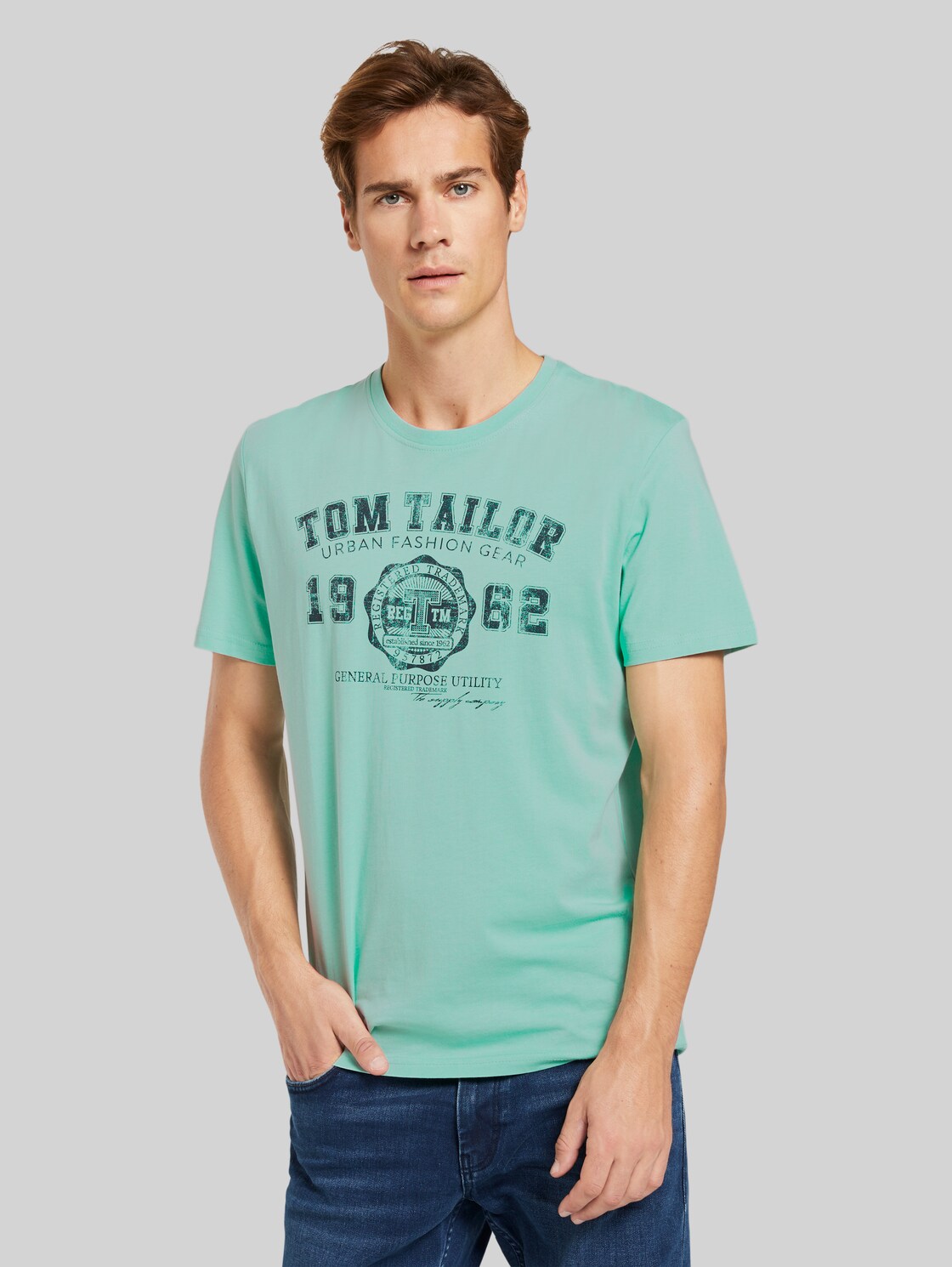 TOM TAILOR T-Shirt mit Logo-Print, Herren, soft jade, Größe: XL