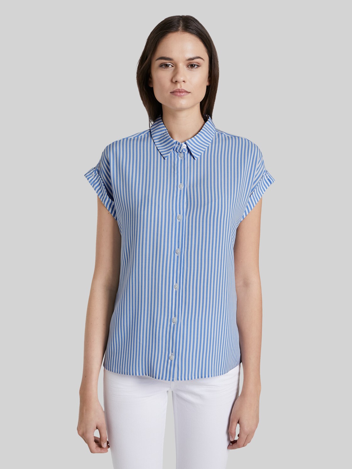 TOM TAILOR Kurzärmlige Bluse mit Kent-Kragen, Damen, stripe vertical blue, Größe: 40