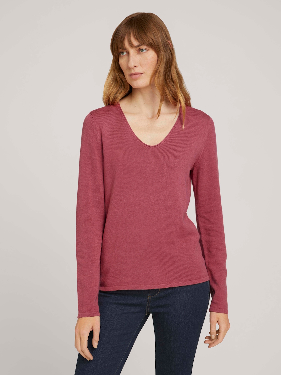 Thumbnail - TOM TAILOR Damen Pullover mit V-Ausschnitt, rot, Uni, Gr. M