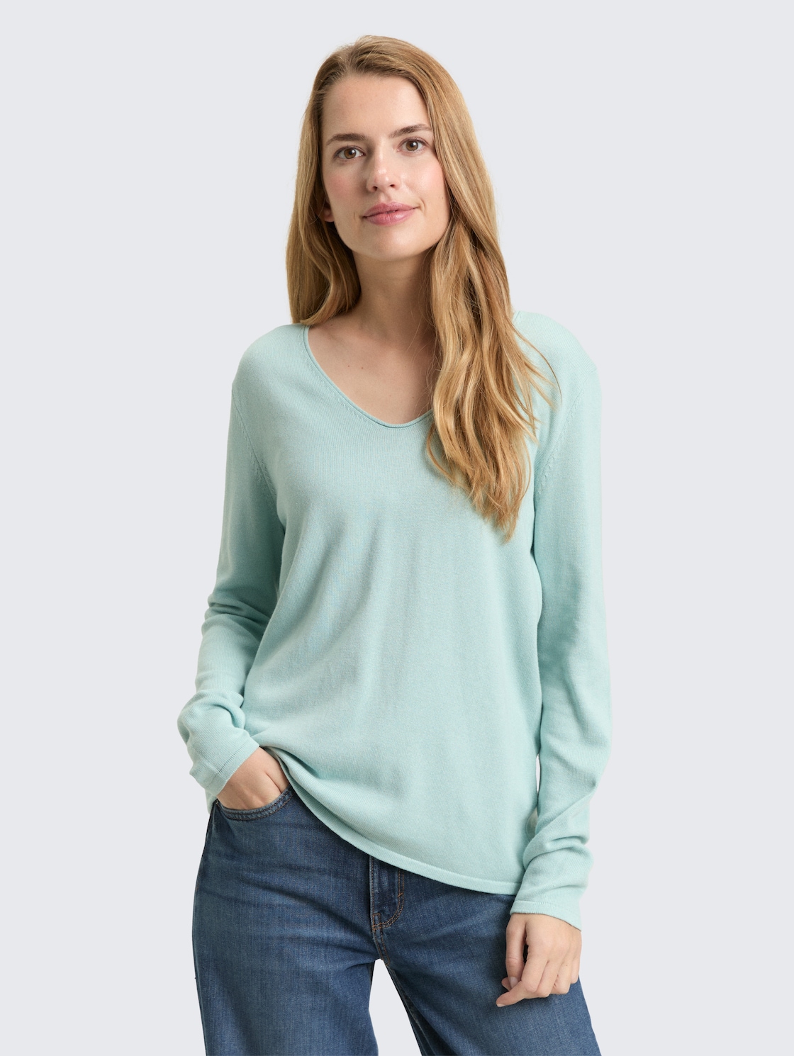 Thumbnail - TOM TAILOR Damen Strickpullover mit V-Ausschnitt, blau, Uni, Gr. M