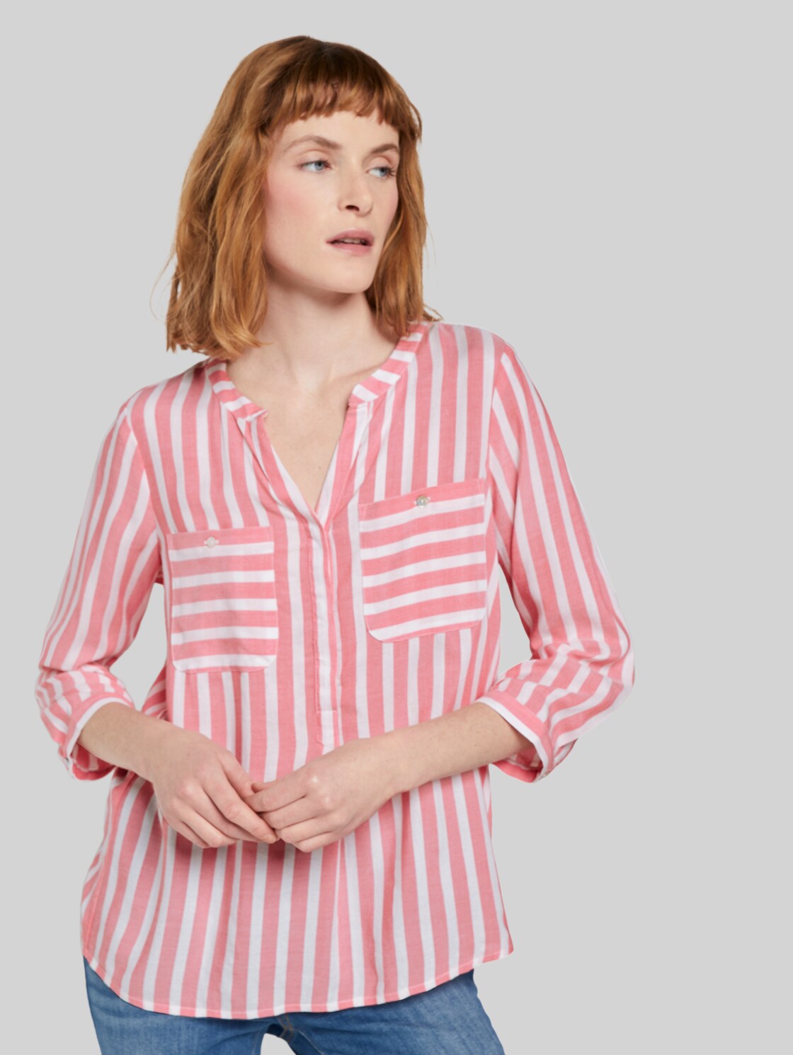 TOM TAILOR Gestreifte Bluse mit Taschen, Damen, peach offwhite vertical stripe, Größe: 36