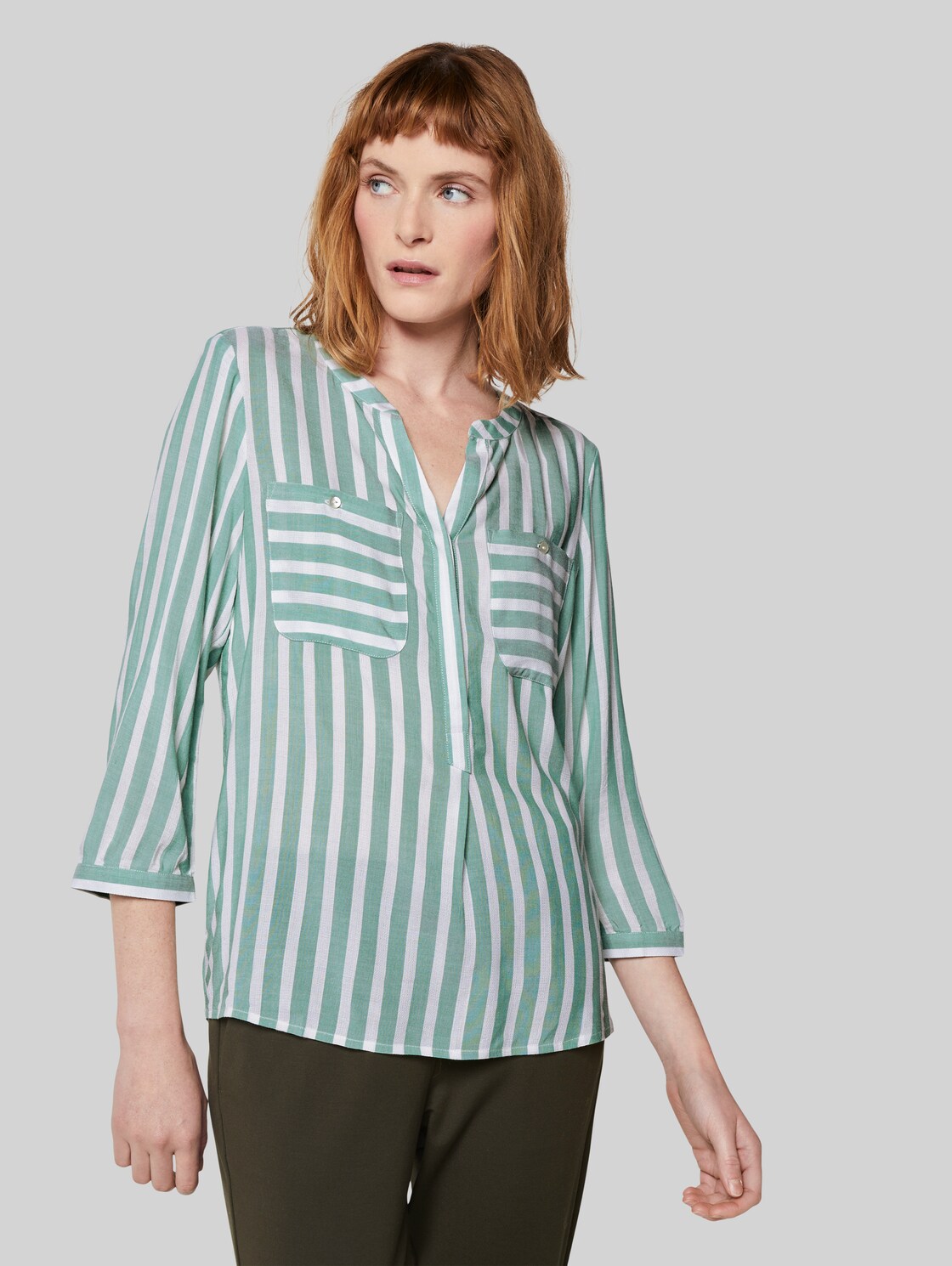 TOM TAILOR Gestreifte Bluse mit Taschen, Damen, green offwhite vertical stripe, Größe: 36