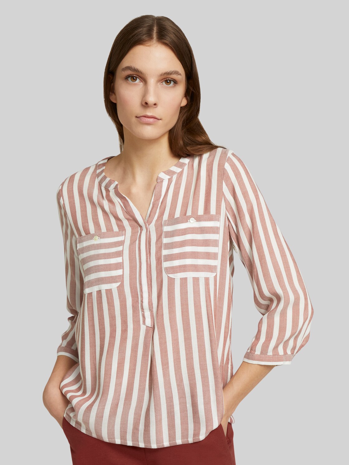 TOM TAILOR Gestreifte Bluse mit Taschen, Damen, maroon red offwhite stripe, Größe: 38