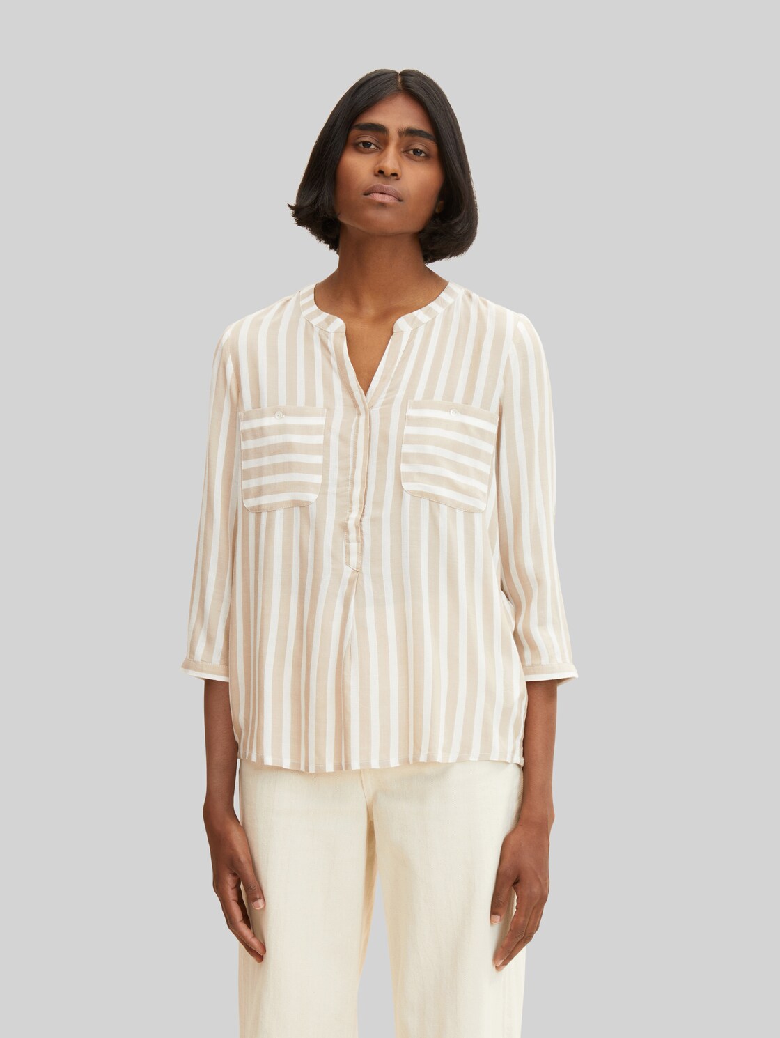 TOM TAILOR Damen Gestreifte Bluse mit Taschen, beige, Gr. 36,