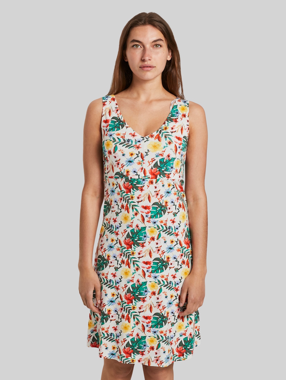 TOM TAILOR Gemustertes Kleid mit V-Ausschnitt, Damen, white watercolor flower design, Größe: 36