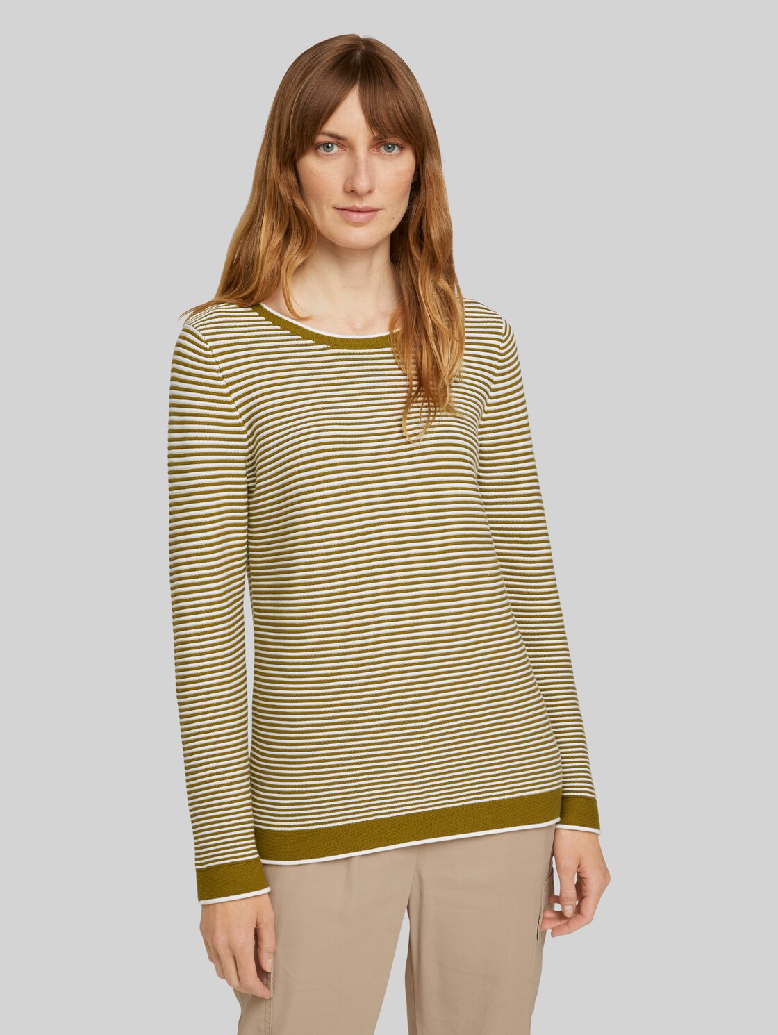 TOM TAILOR Strickpullover mit Bio-Baumwolle, Damen, offwhite green ottoman stripe, Größe: XL