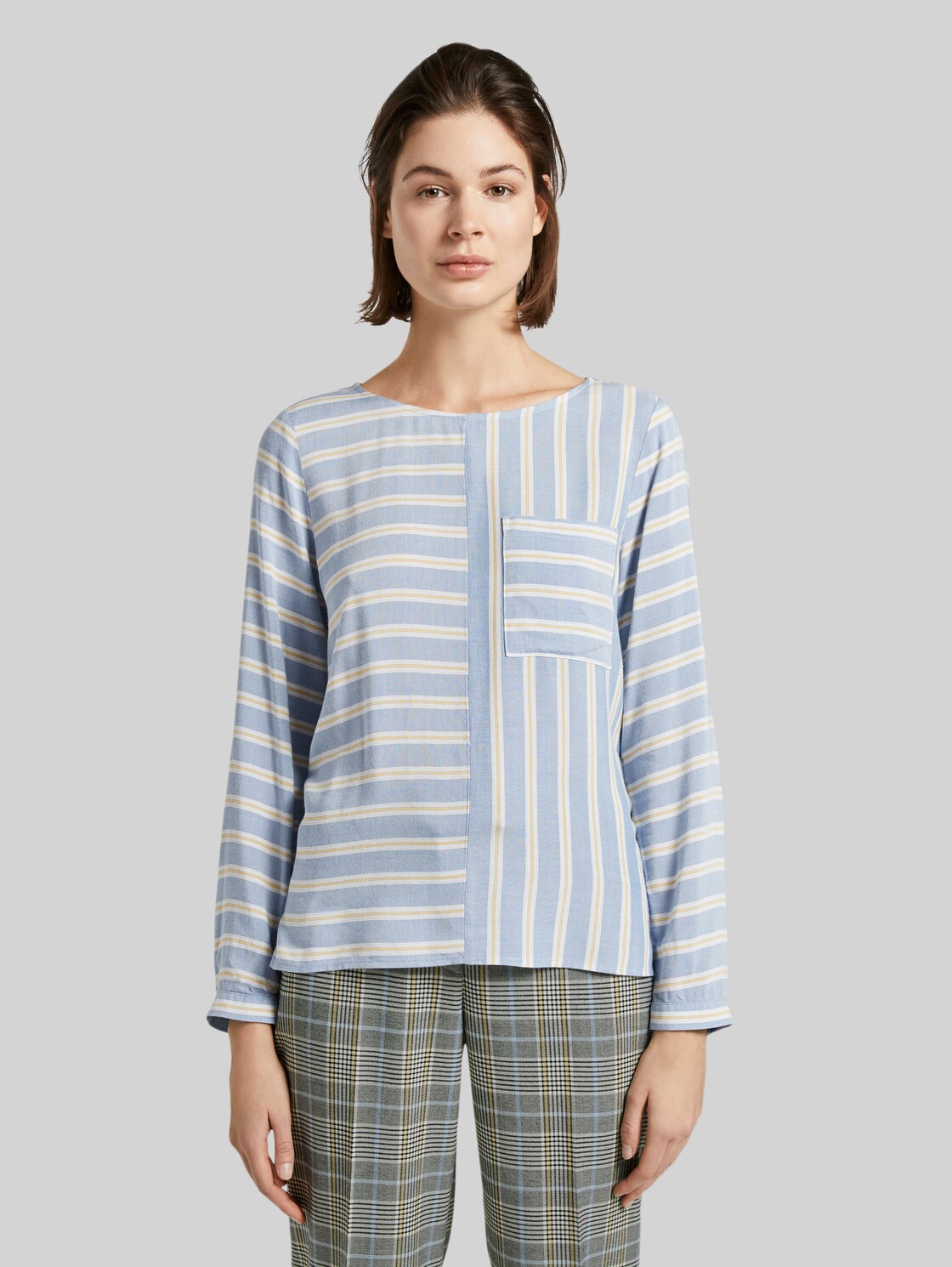 TOM TAILOR Bluse im Streifenmix mit Brusttasche, Damen, blue yellow stripe, Größe: 34