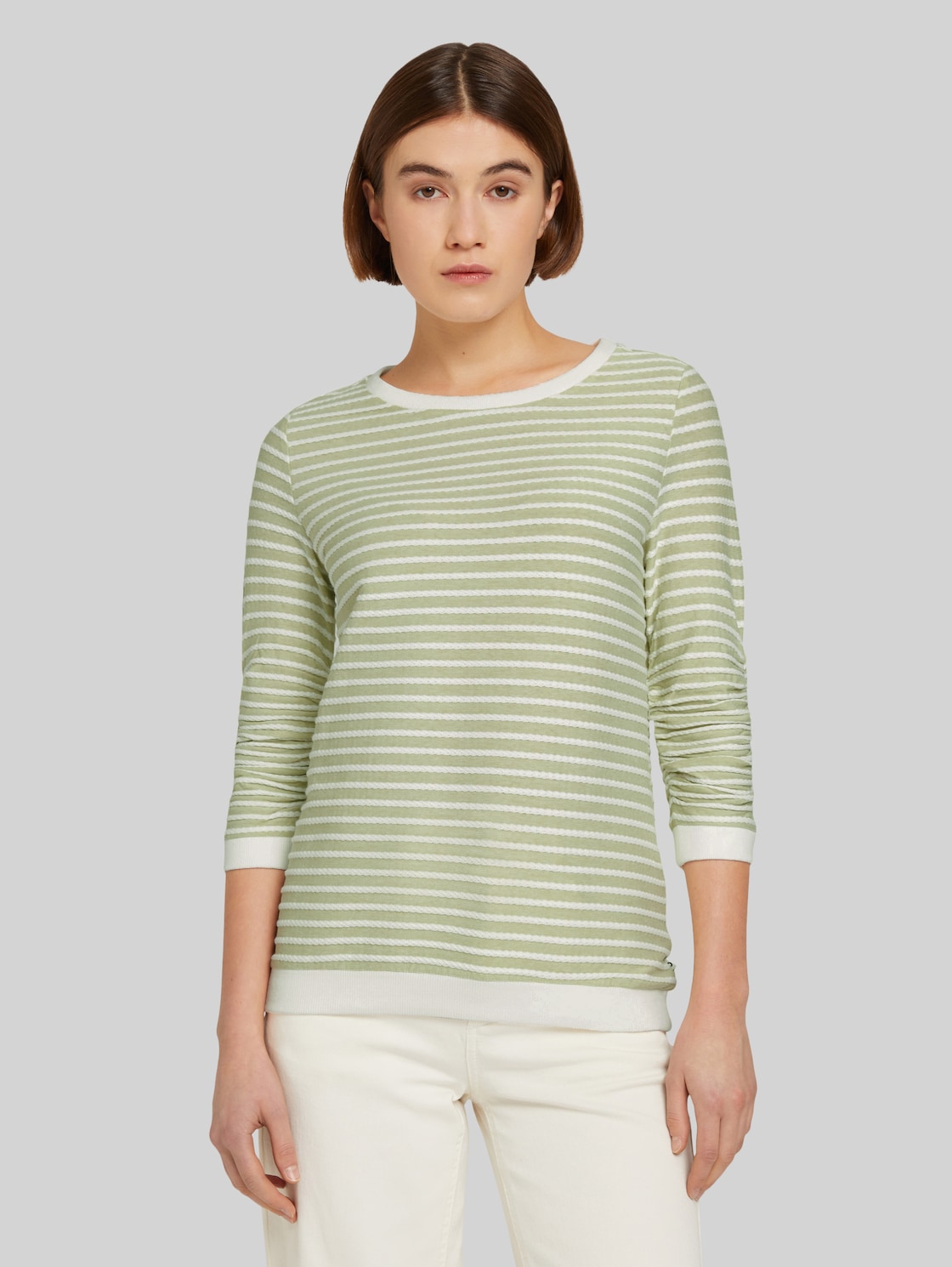 TOM TAILOR DENIM Damen Gestreiftes Jacquard Sweatshirt, grün, Streifenmuster, Gr. XL, baumwolle