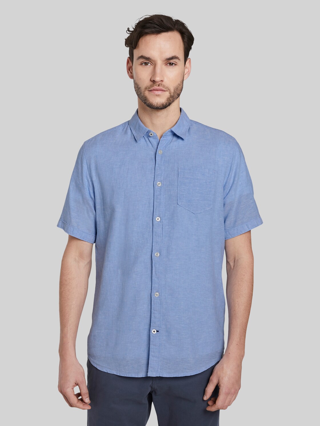 TOM TAILOR Kurzarmhemd aus Leinengemisch, Herren, Sky Blue Chambray, Größe: M