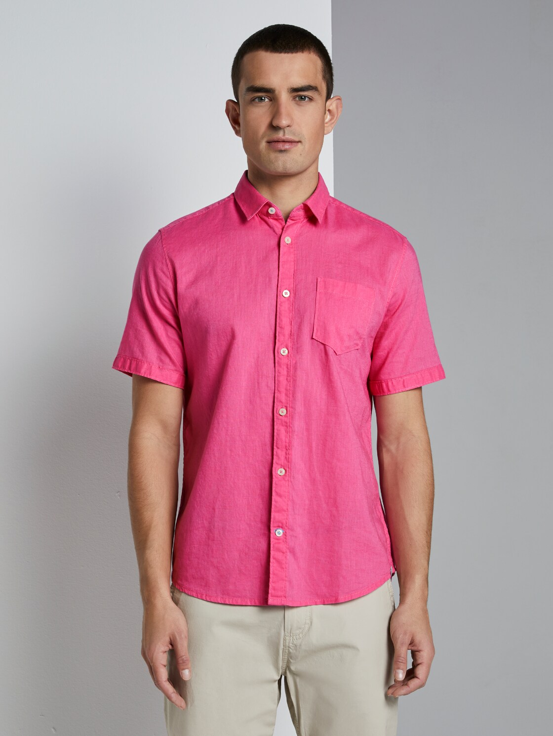 TOM TAILOR Kurzarmhemd aus Leinengemisch, Herren, carmine pink, Größe: M