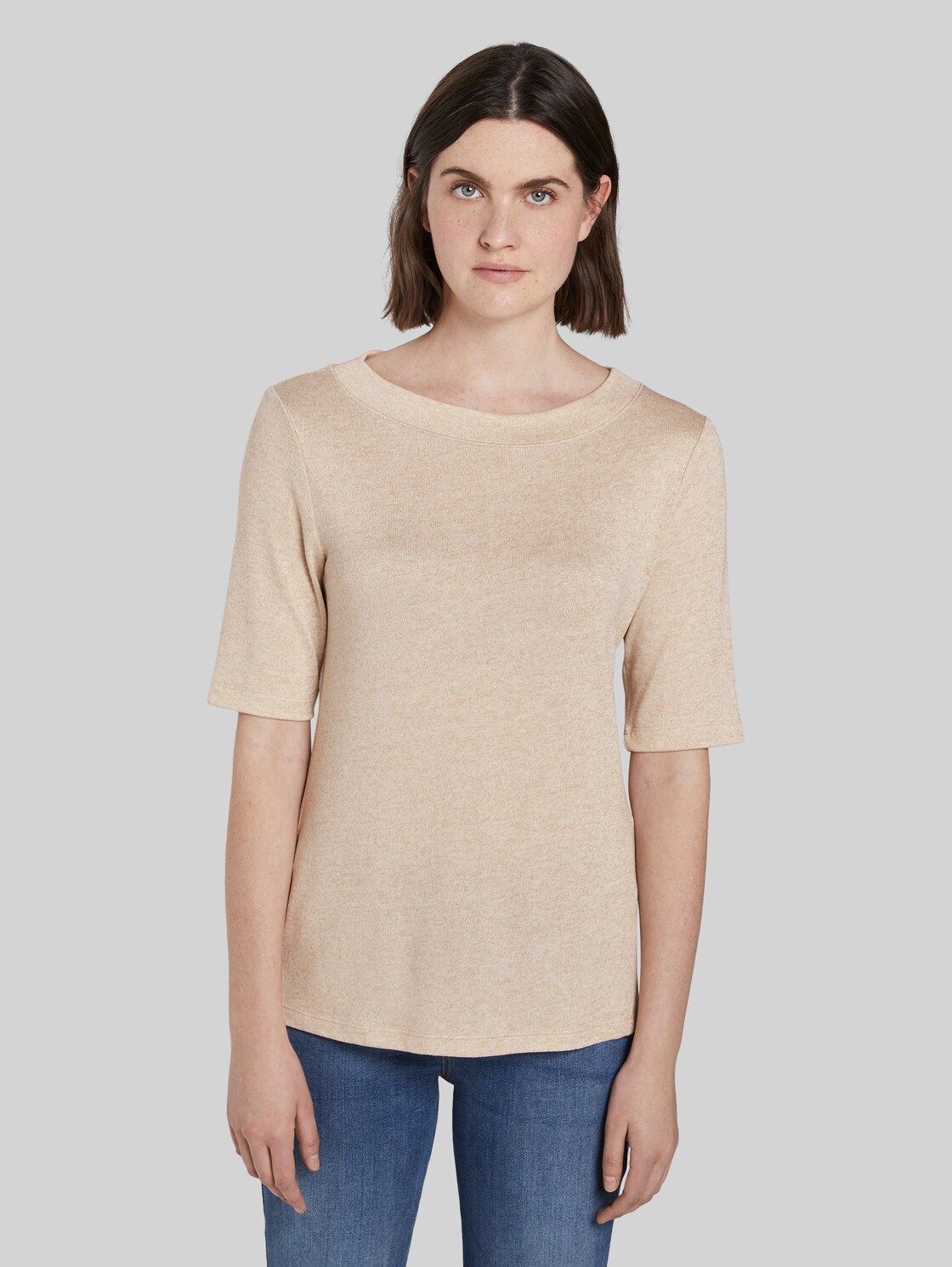 TOM TAILOR Meliertes T-Shirt, Damen, Alabaster Beige Mélange, Größe: XXL