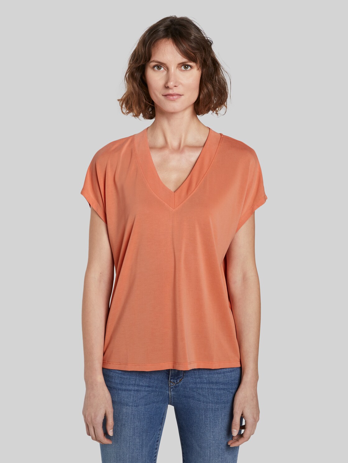 TOM TAILOR T-Shirt mit V-Ausschnitt, Damen, fruity melon orange, Größe: M