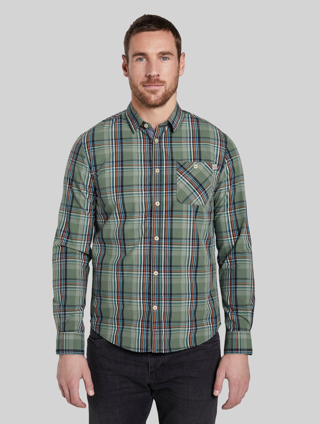 TOM TAILOR Kariertes Hemd, Herren, olive base blue check, Größe: XL