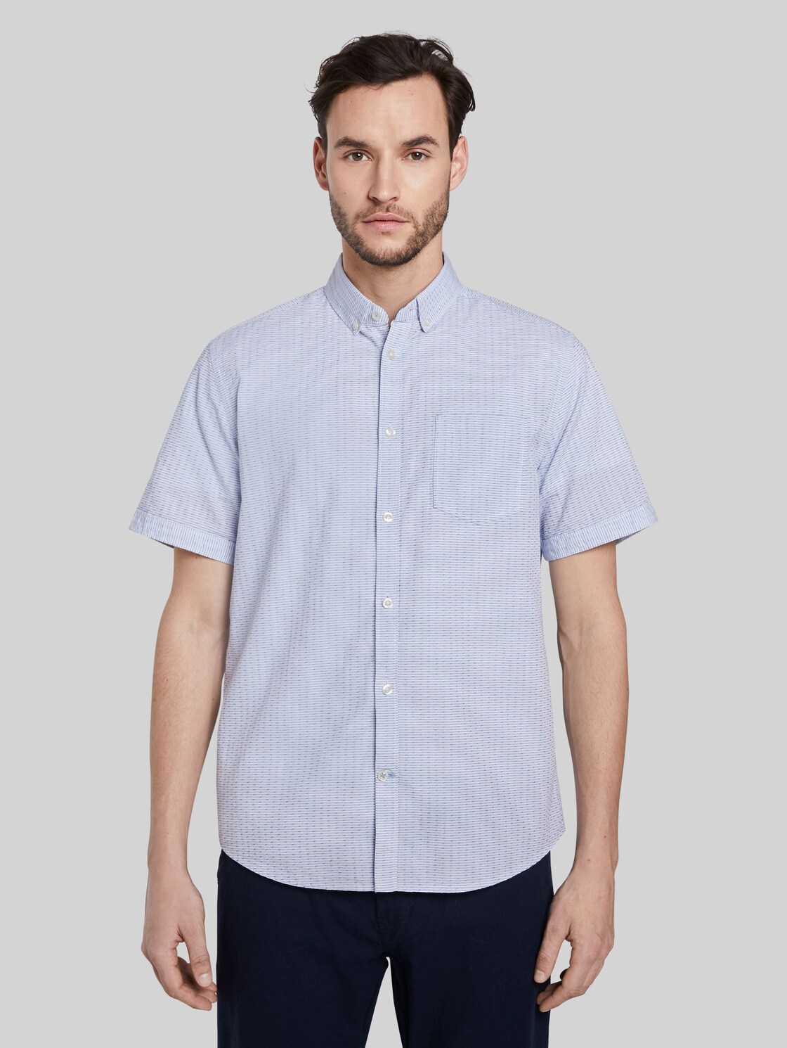 TOM TAILOR Strukturiertes Kurzarmhemd mit Streifen, Herren, light blue white dobby stripe, Größe: XXL