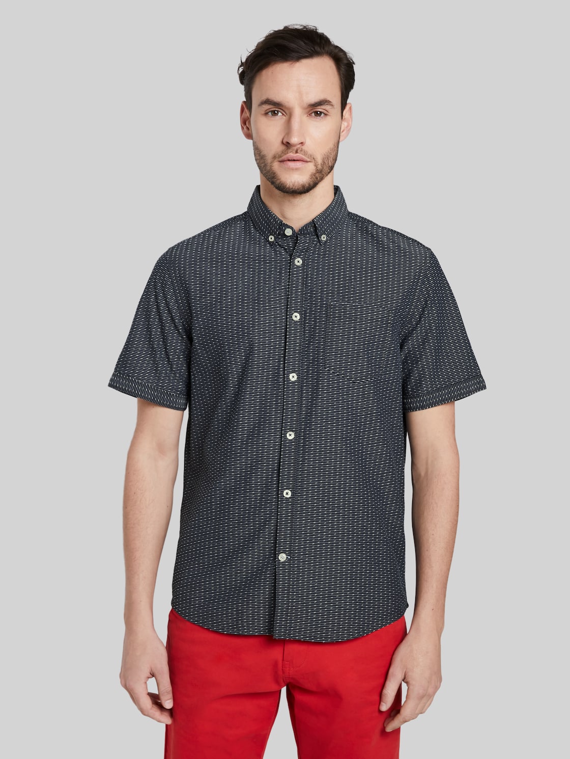 TOM TAILOR Strukturiertes Kurzarmhemd mit Streifen, Herren, navy light blue dobby stripe, Größe: XL