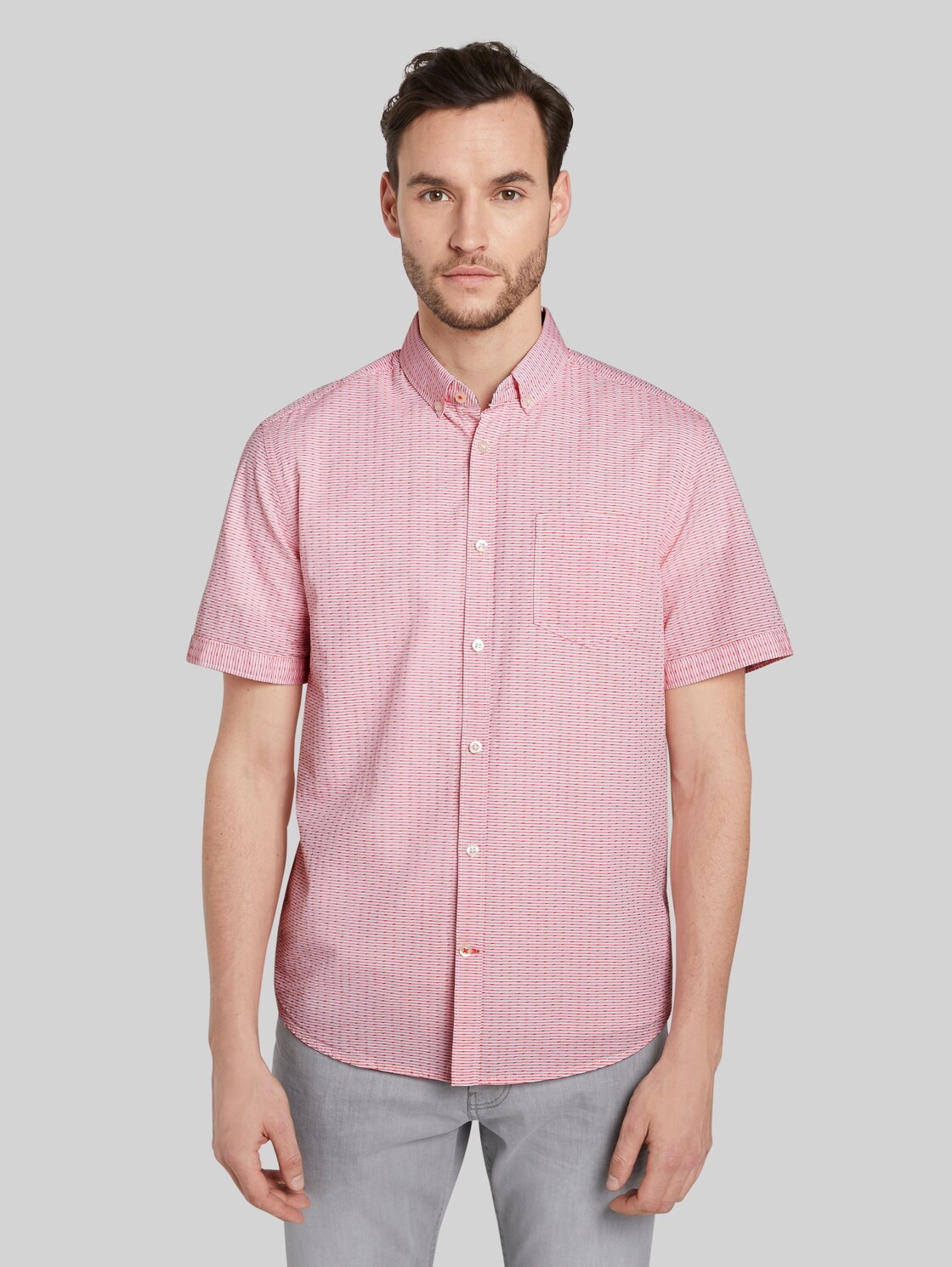 TOM TAILOR Strukturiertes Kurzarmhemd mit Streifen, Herren, red white dobby stripe, Größe: L