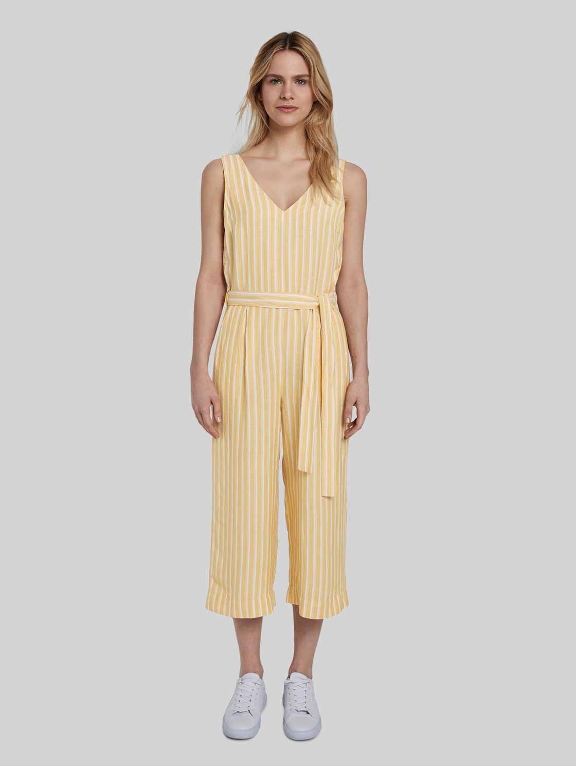 TOM TAILOR Ärmelloser Jumpsuit mit Streifenmuster und Gürtel, Damen, yellow offwhite stripe, Größe: 40