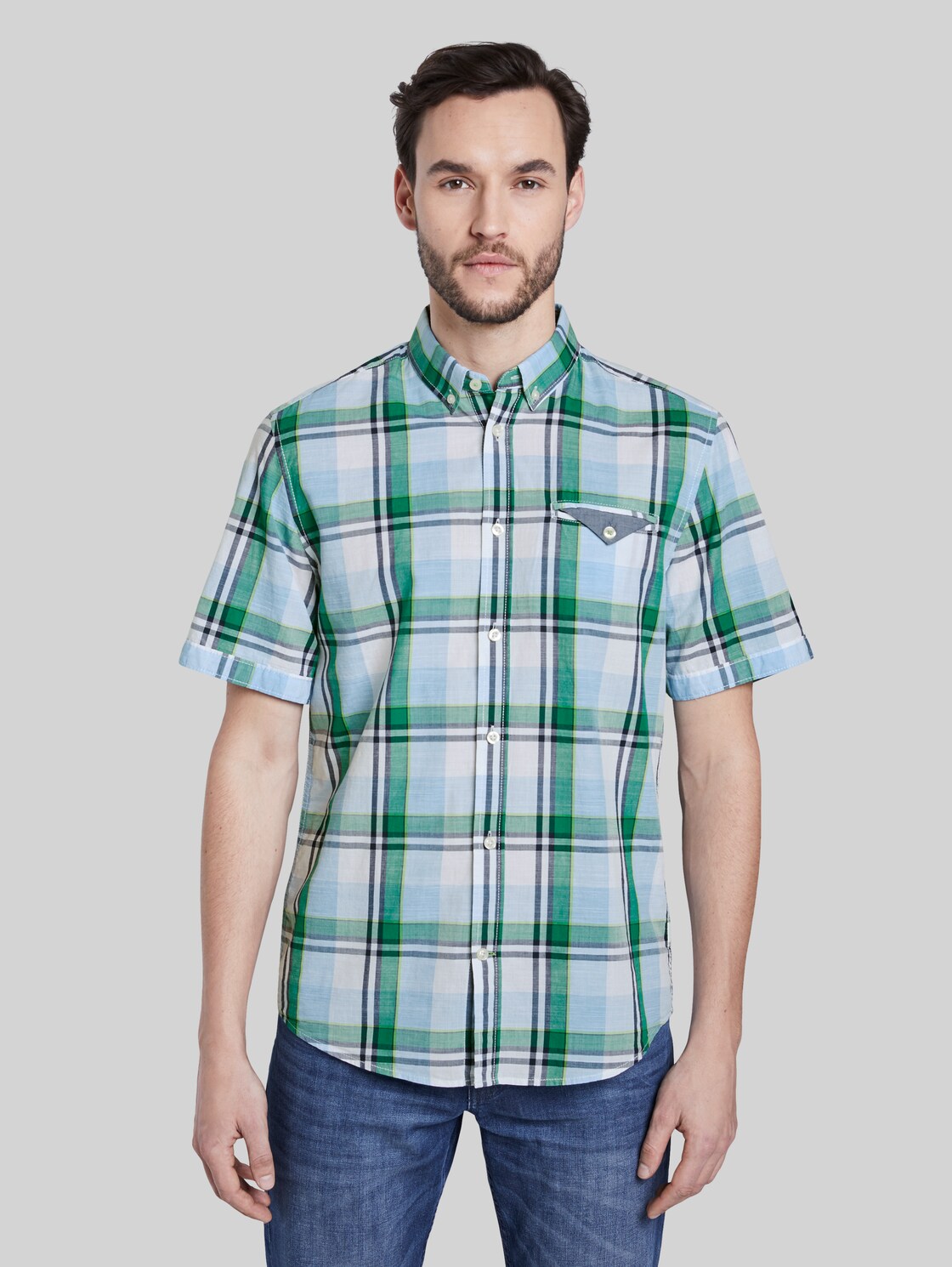 TOM TAILOR Kariertes Kurzarmhemd mit Brusttasche, Herren, green blue fil a fil check, Größe: XL