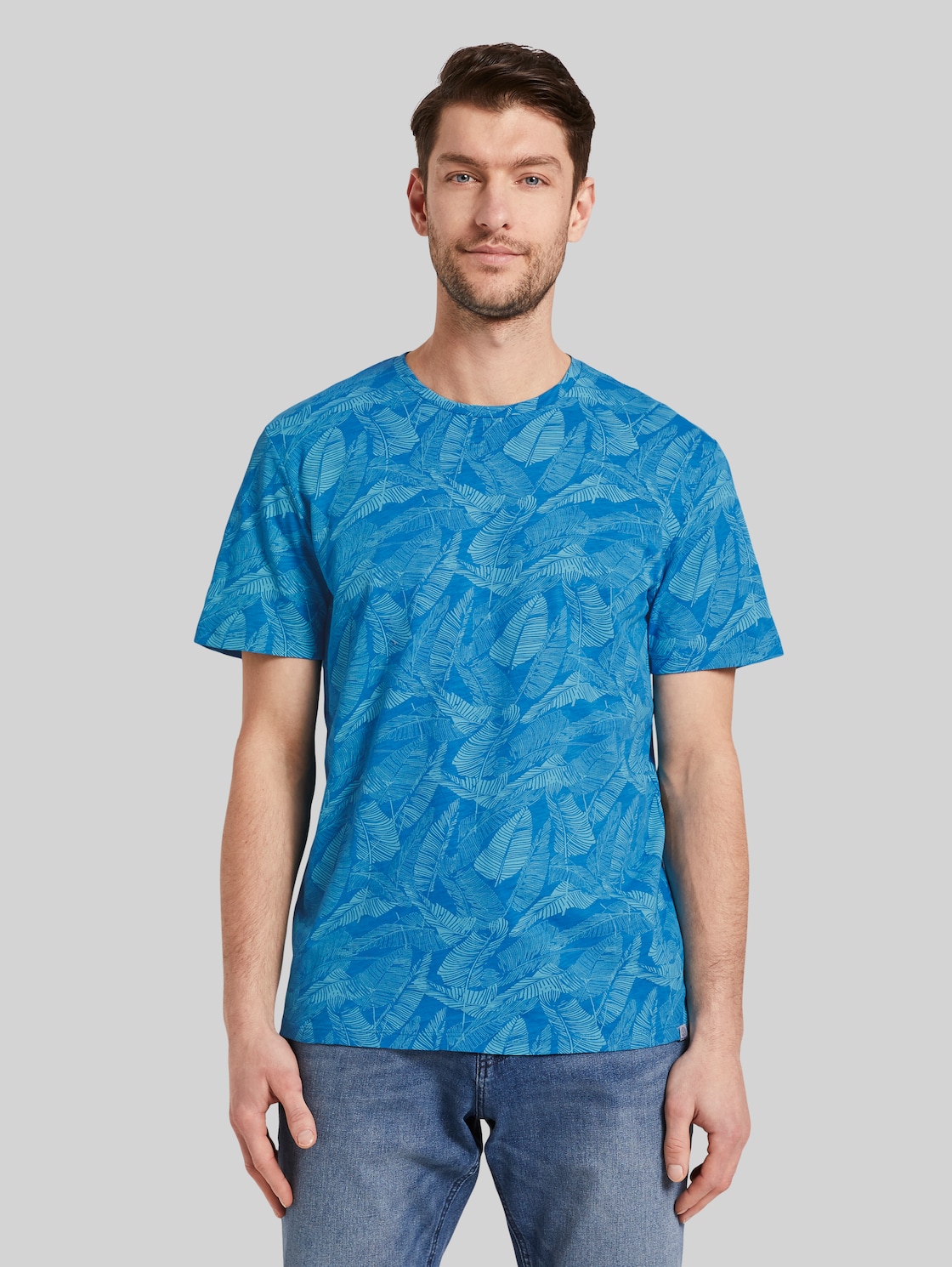 TOM TAILOR Gemustertes T-Shirt, Herren, midblue leaf design, Größe: XL