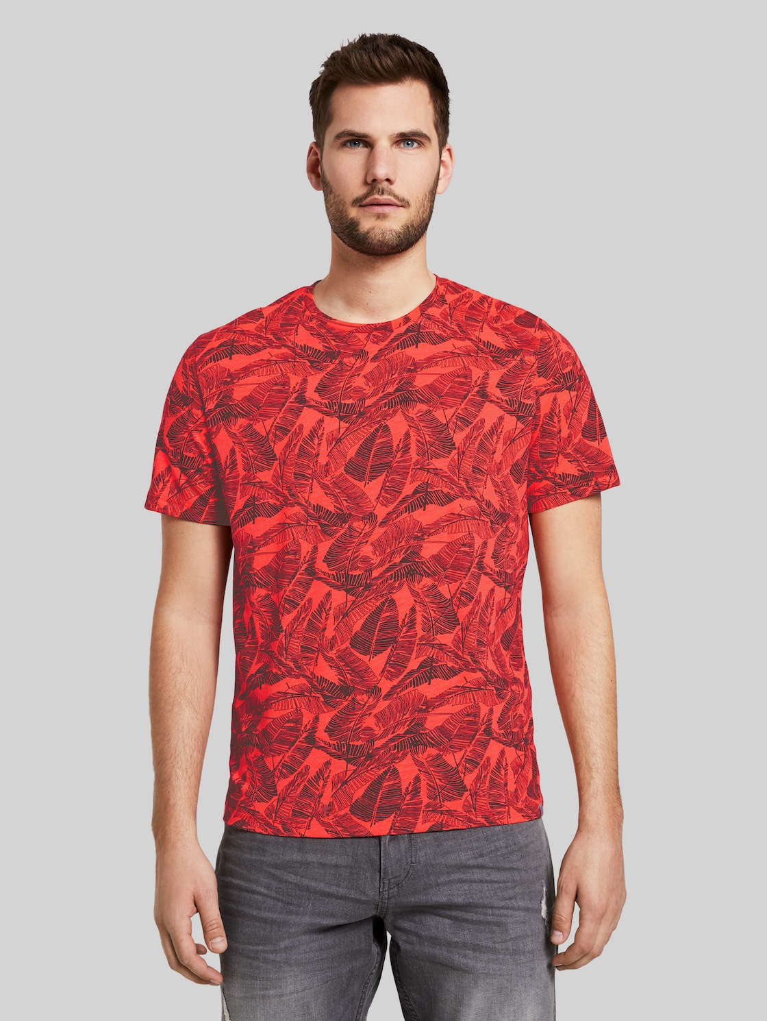 TOM TAILOR Gemustertes T-Shirt, Herren, pink grey leaf design, Größe: XL