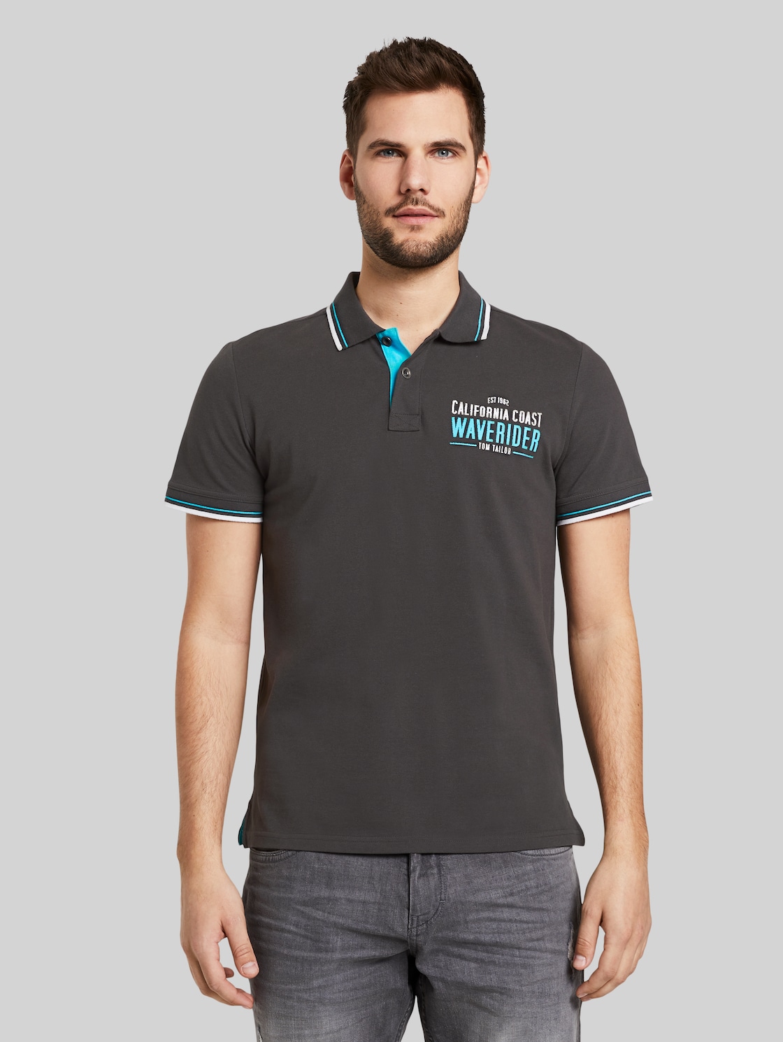 TOM TAILOR Poloshirt mit Schrift-Print, Herren, Phanton Dark Grey, Größe: XL