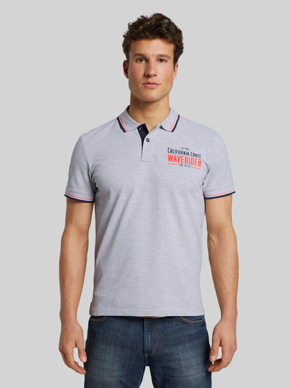 TOM TAILOR Poloshirt mit Schrift-Print, Herren, Light Stone Grey Melange, Größe: XL