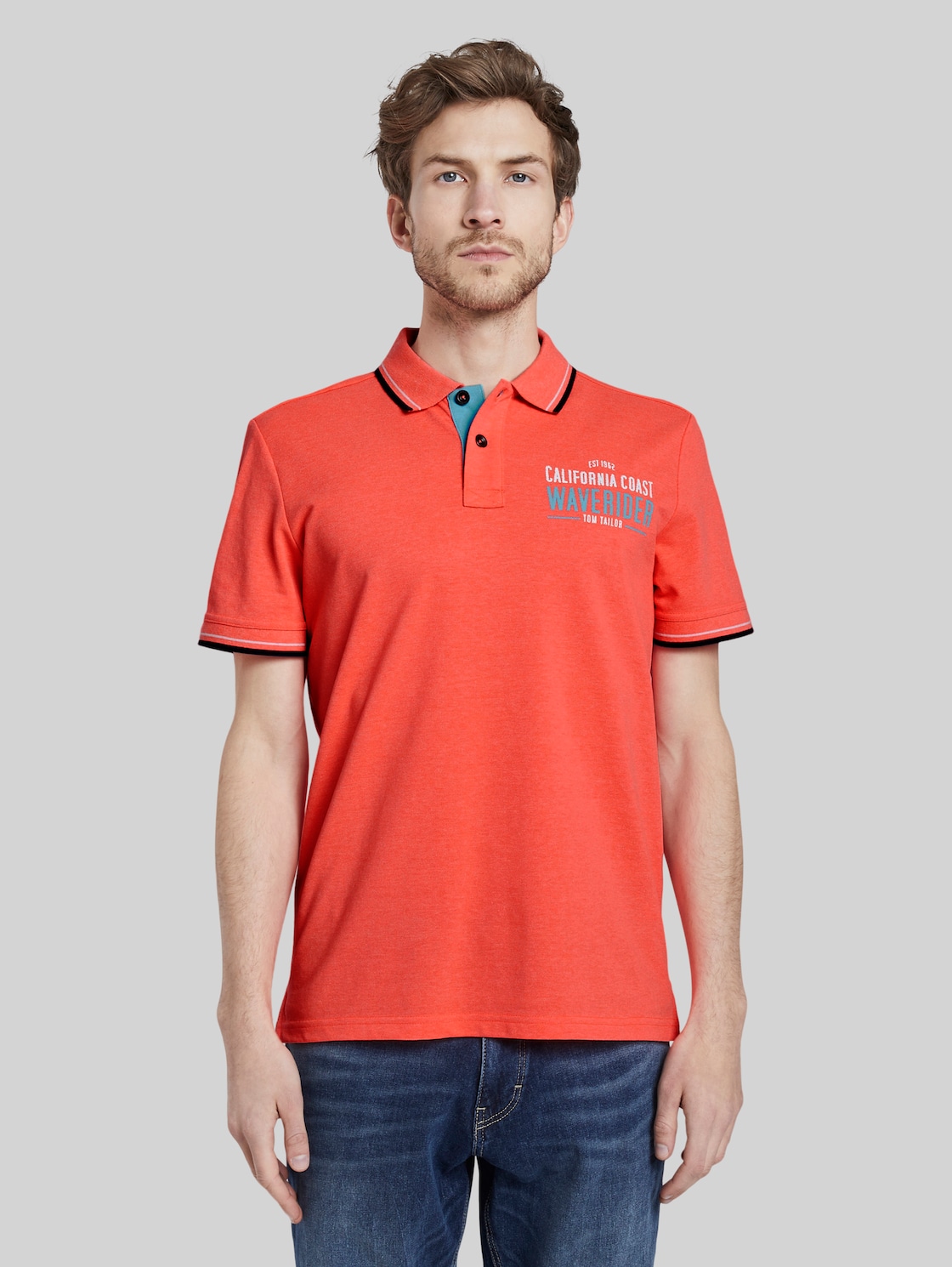 TOM TAILOR Poloshirt mit Schrift-Print, Herren, neon peach, Größe: XL
