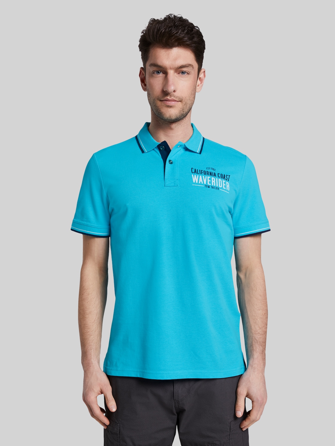 TOM TAILOR Poloshirt mit Schrift-Print, Herren, clear blue atoll, Größe: XL