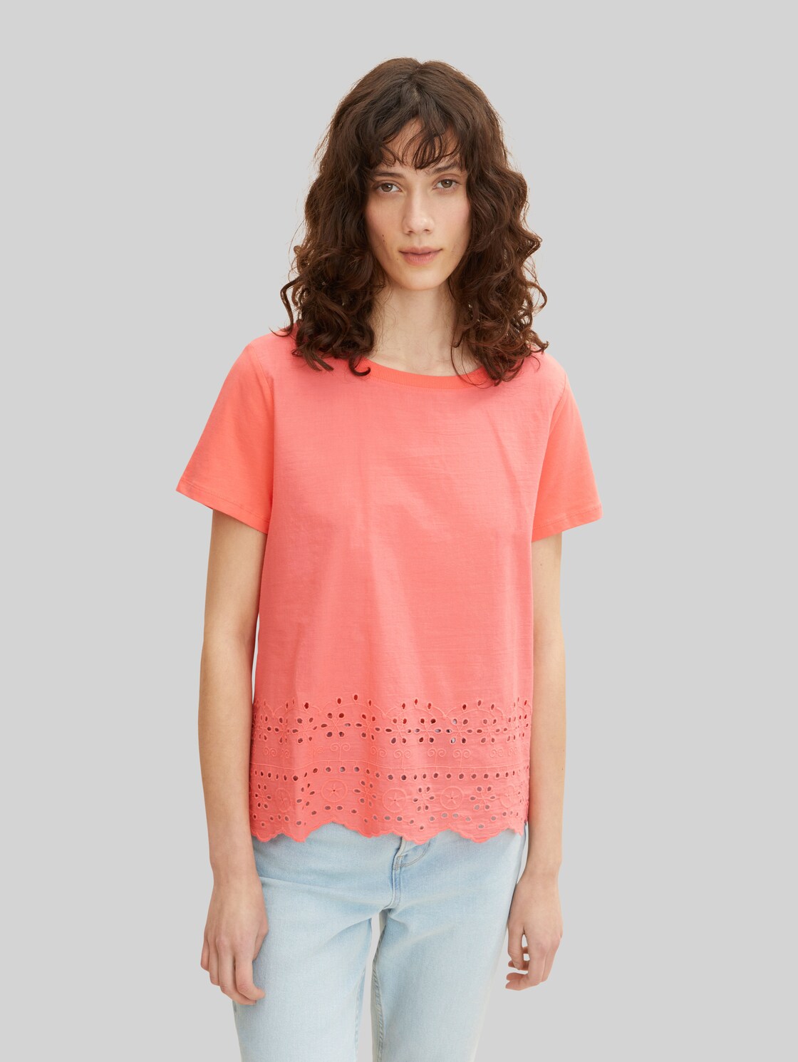 TOM TAILOR Damen T-Shirt mit Lochstickerei, rosa, Gr. XL, baumwolle