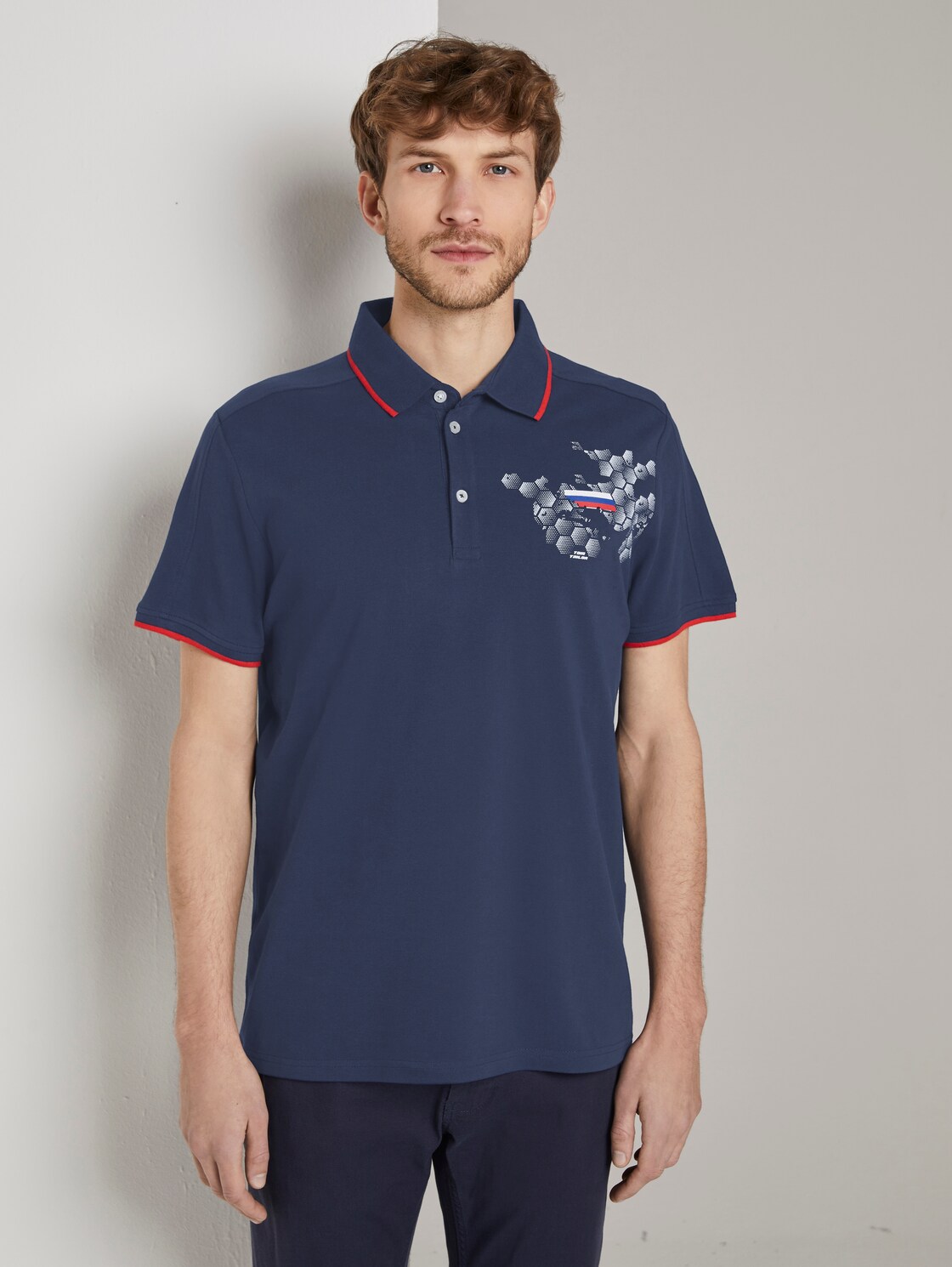 TOM TAILOR Sportliches Poloshirt mit Fußball-EM-Print, Herren, True Dark Blue, Größe: L