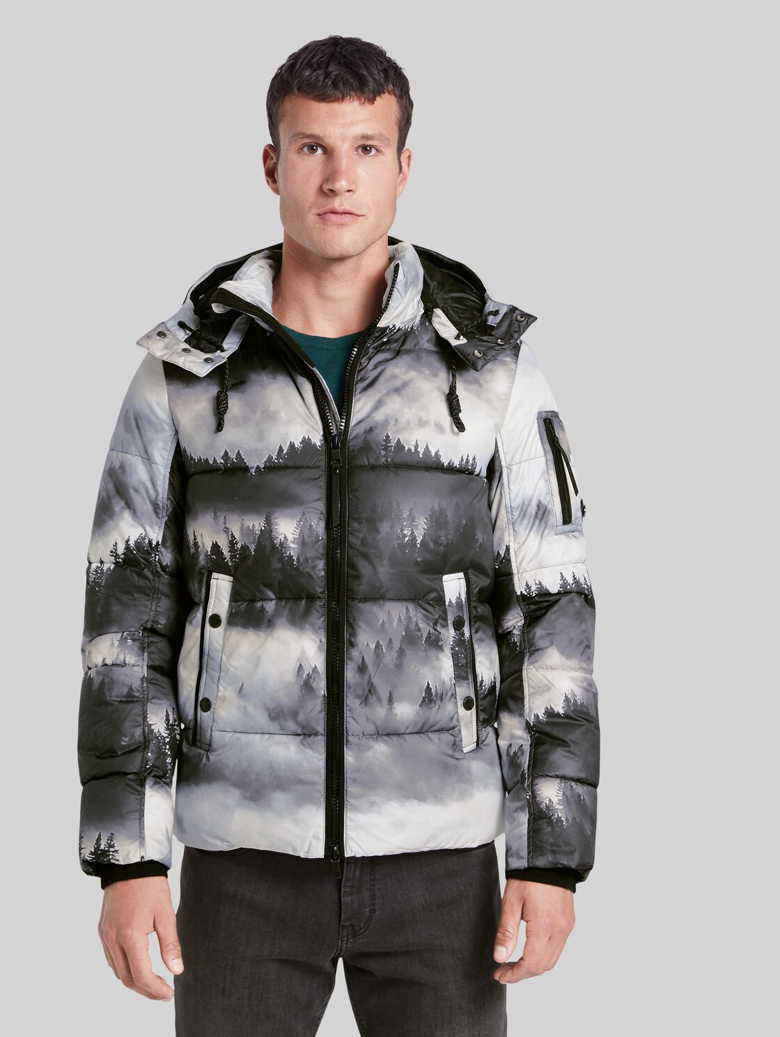 TOM TAILOR Pufferjacke mit Kapuze, Herren, foggy tree print, Größe: XL
