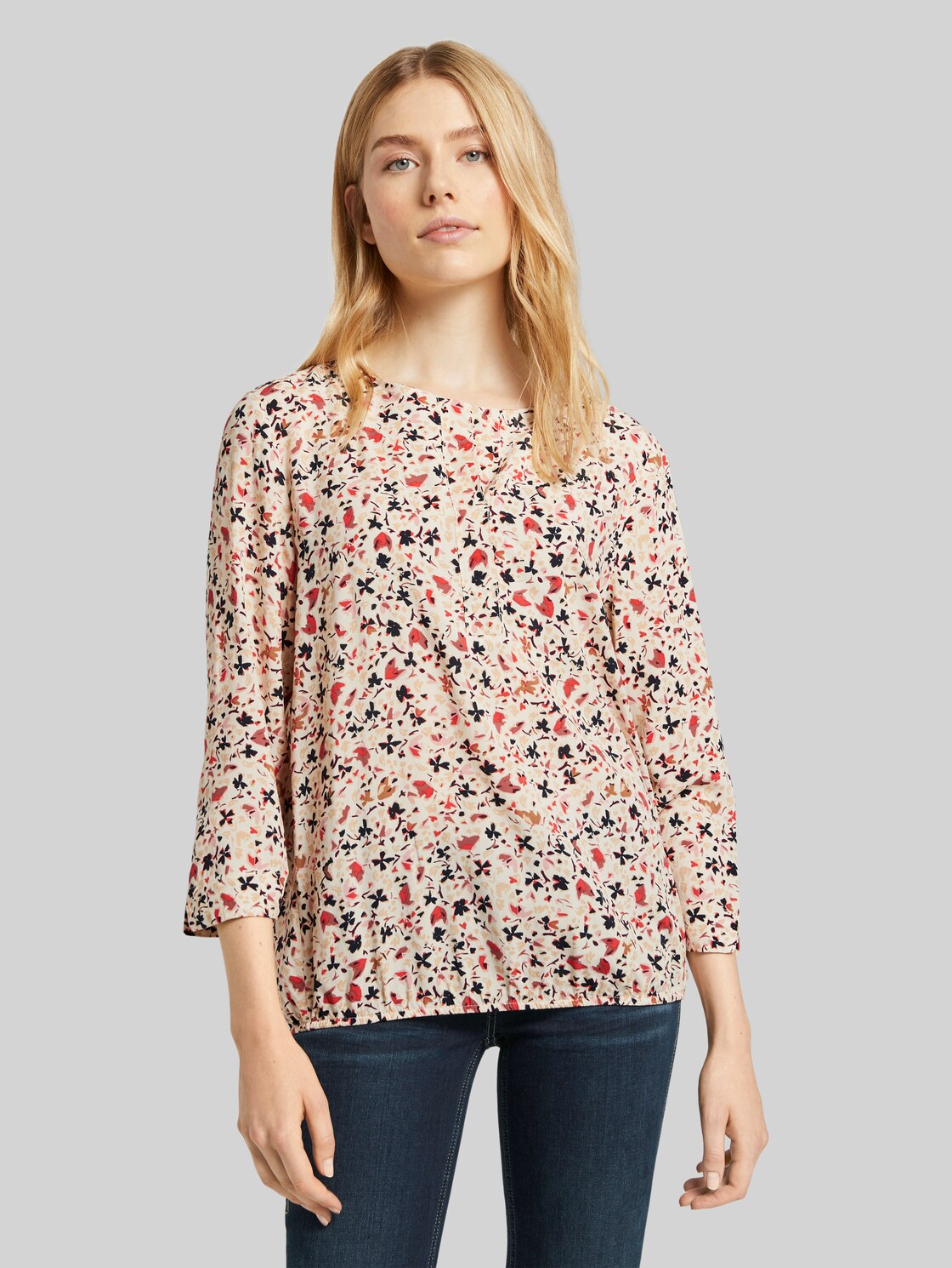 TOM TAILOR 3/4-Arm Bluse mit umgelegtem Kragen, Damen, beige flower design, Größe: 36