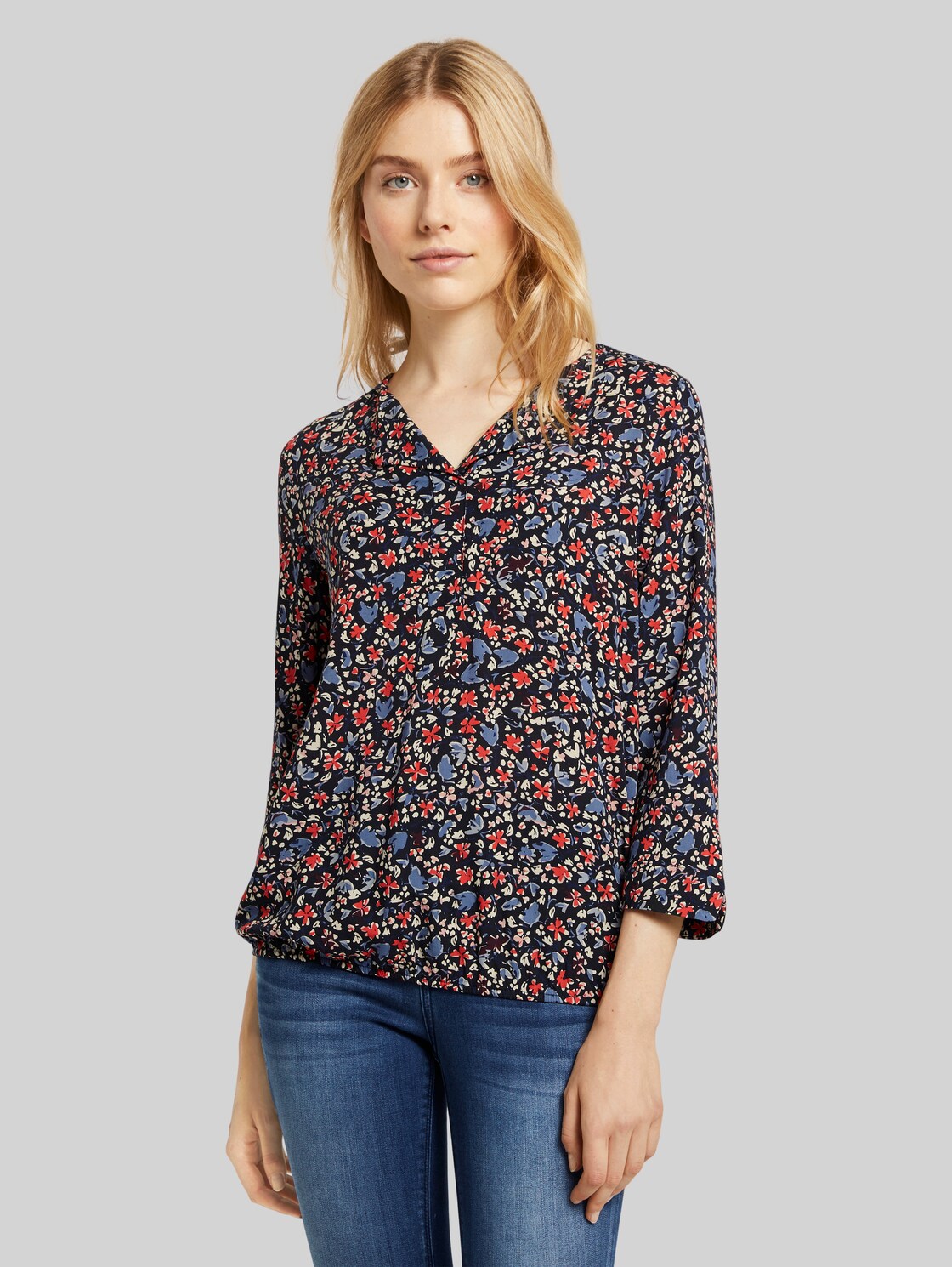 TOM TAILOR 3/4-Arm Bluse mit umgelegtem Kragen, Damen, navy flower design, Größe: 36