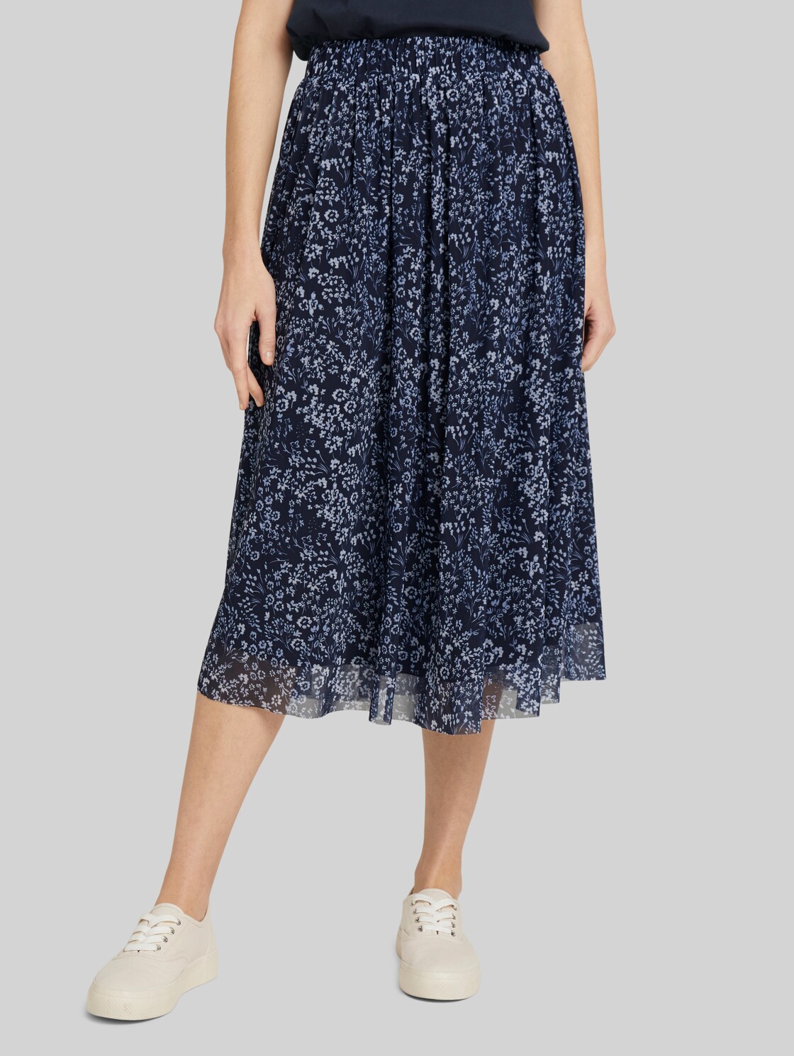 TOM TAILOR Midirock aus Mesh mit Blumenmuster, Damen, navy flower design, Größe: 42