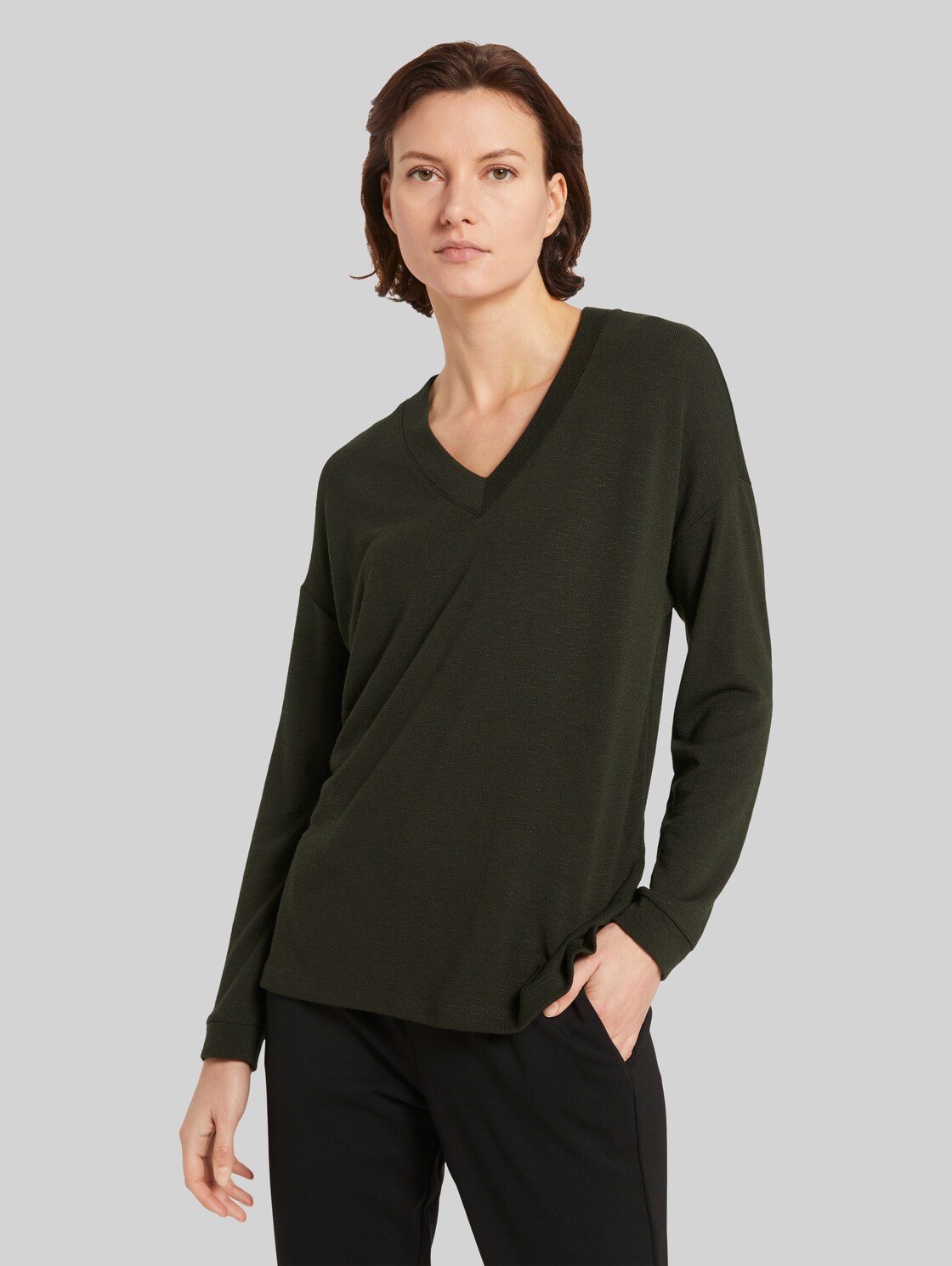 TOM TAILOR Langarmshirt mit V-Ausschnitt, Damen, Dark Rosin Green, Größe: XXL