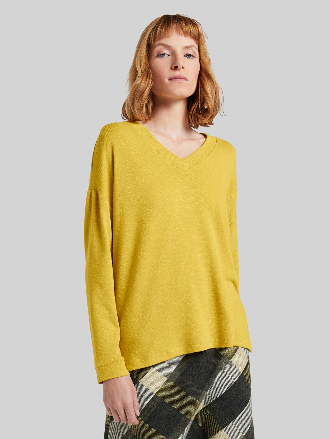 TOM TAILOR Langarmshirt mit V-Ausschnitt, Damen, california sand yellow, Größe: XL