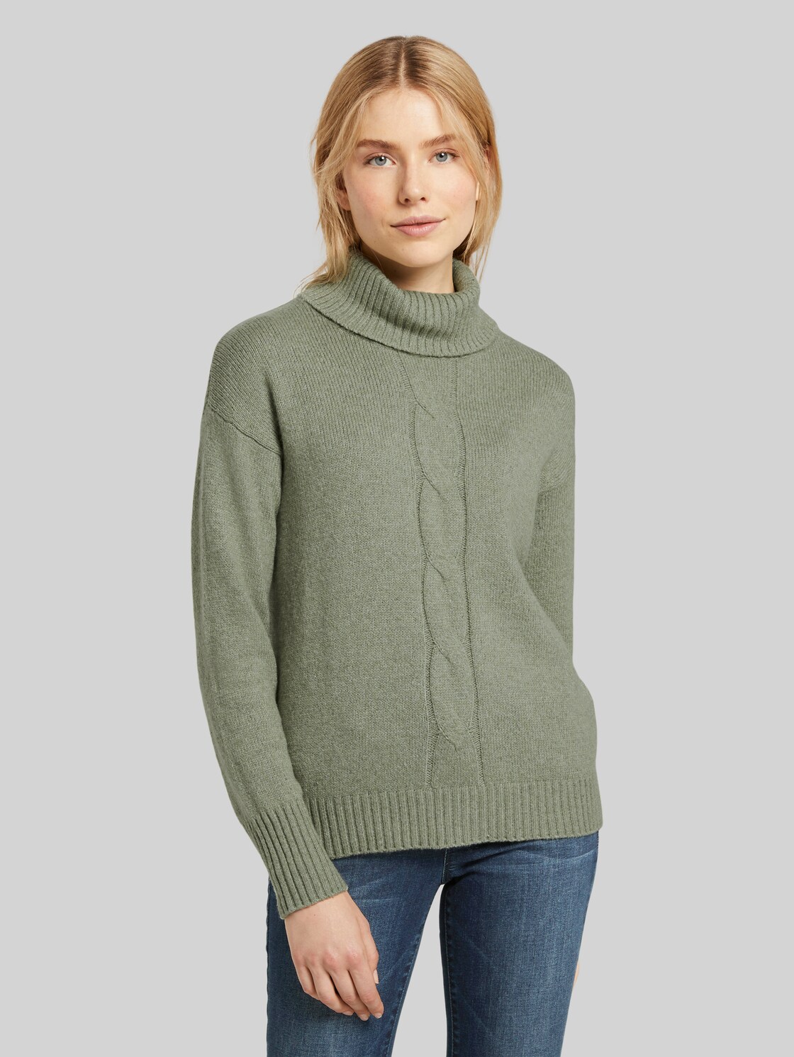 TOM TAILOR Rollkragenpullover mit Zopfmuster, Damen, calm green melange, Größe: XXXL