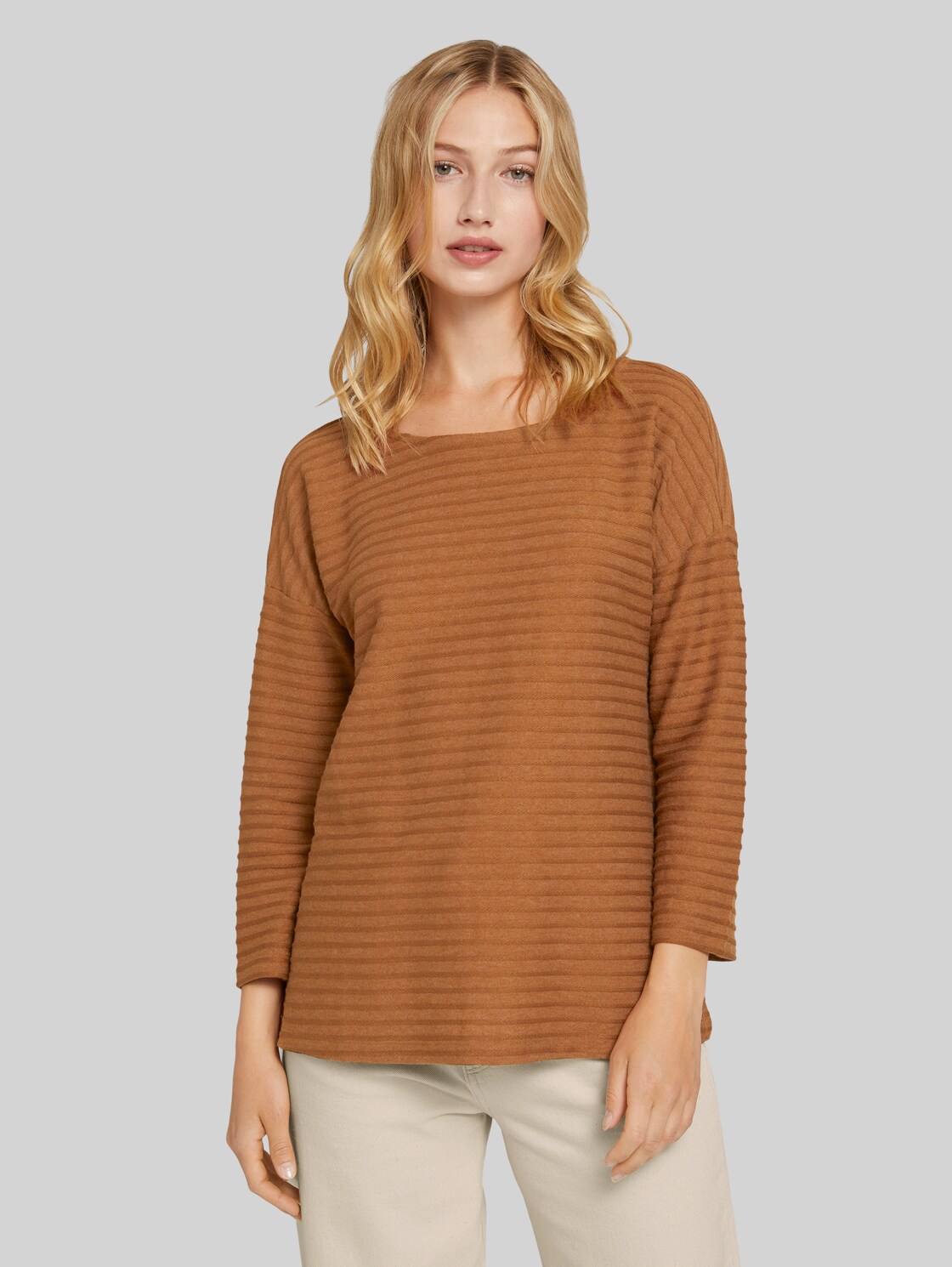 TOM TAILOR DENIM Gestreiftes Shirt mit Schleifendetail, Damen, amber brown structure stripe, Größe: XL