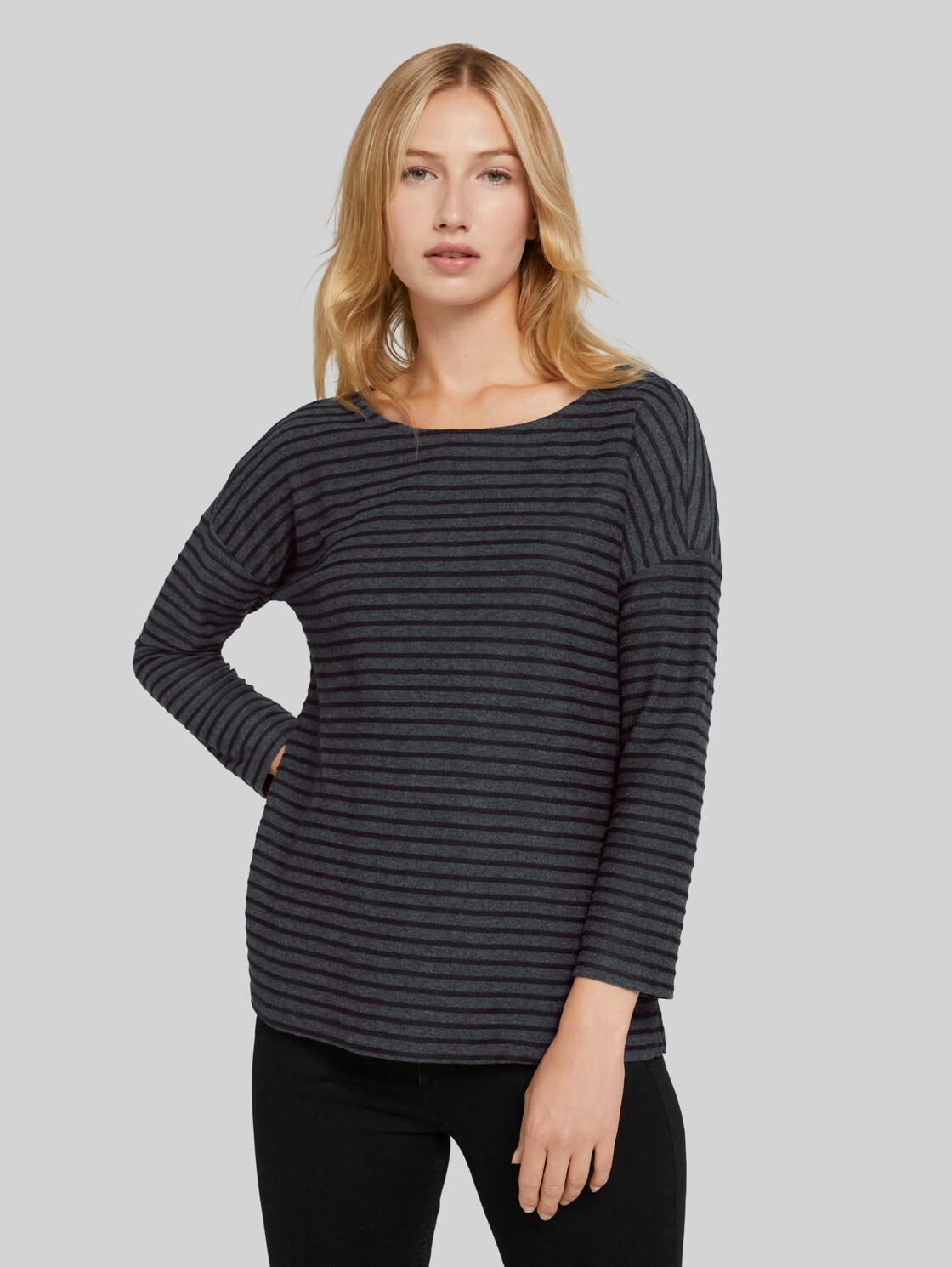 TOM TAILOR DENIM Gestreiftes Shirt mit Schleifendetail, Damen, black structure stripe, Größe: L