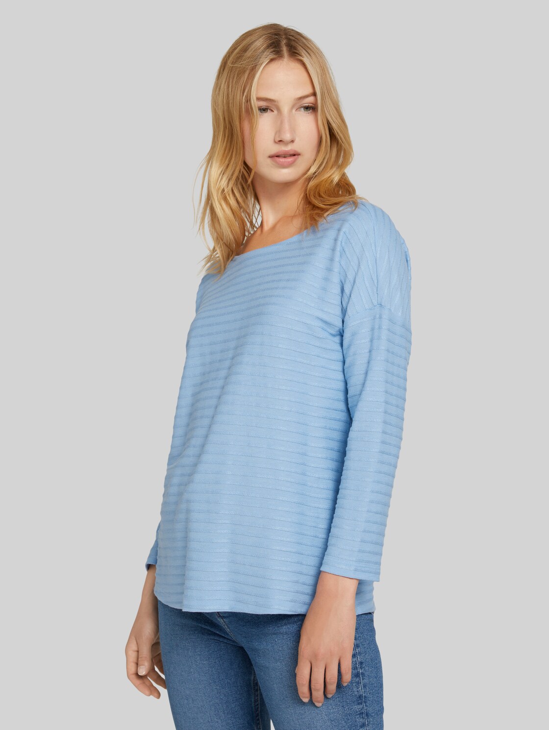 TOM TAILOR DENIM Gestreiftes Shirt mit Schleifendetail, Damen, mid blue structure stripe, Größe: XL