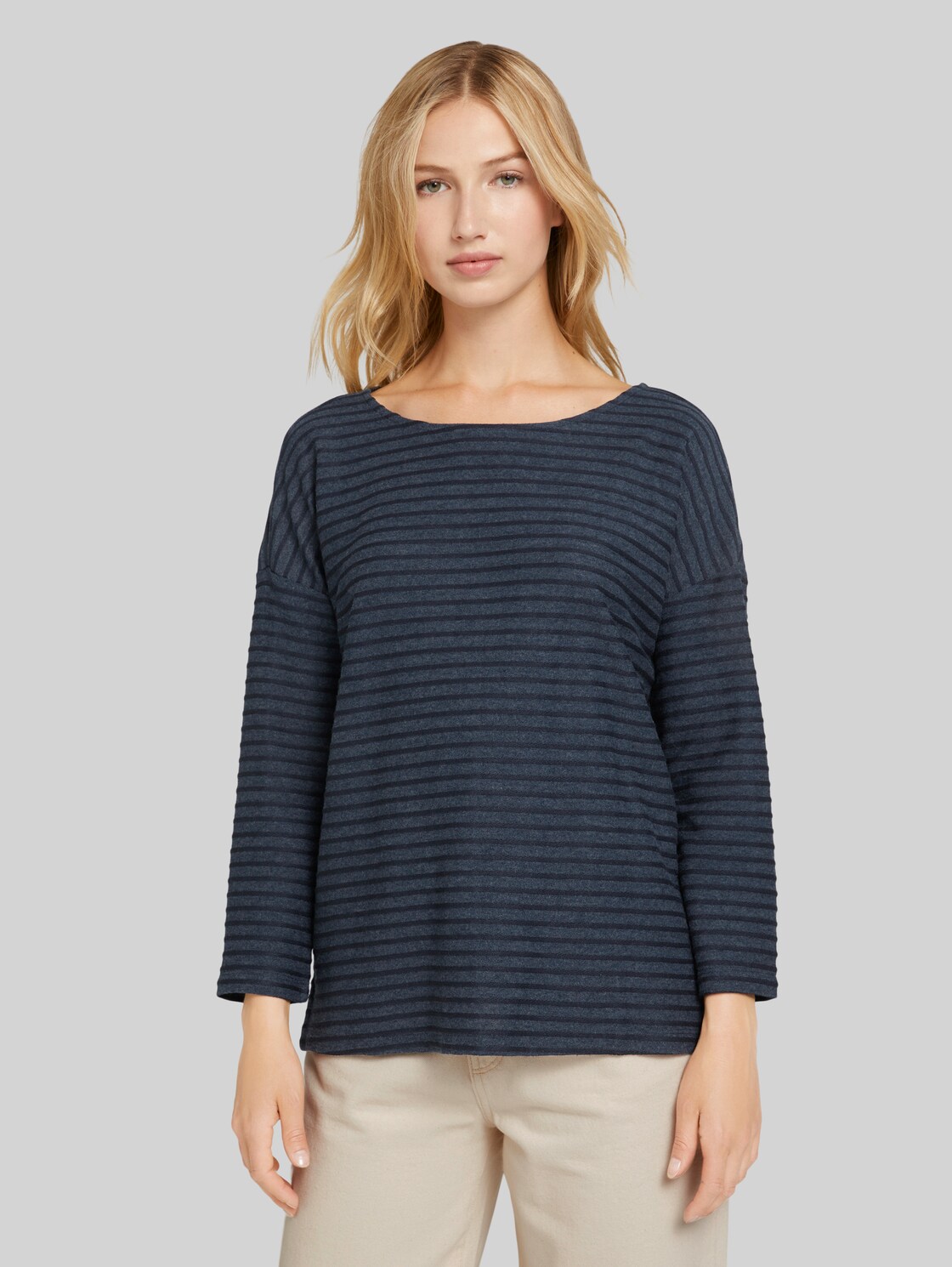 TOM TAILOR DENIM Gestreiftes Shirt mit Schleifendetail, Damen, navy structure stripe, Größe: L