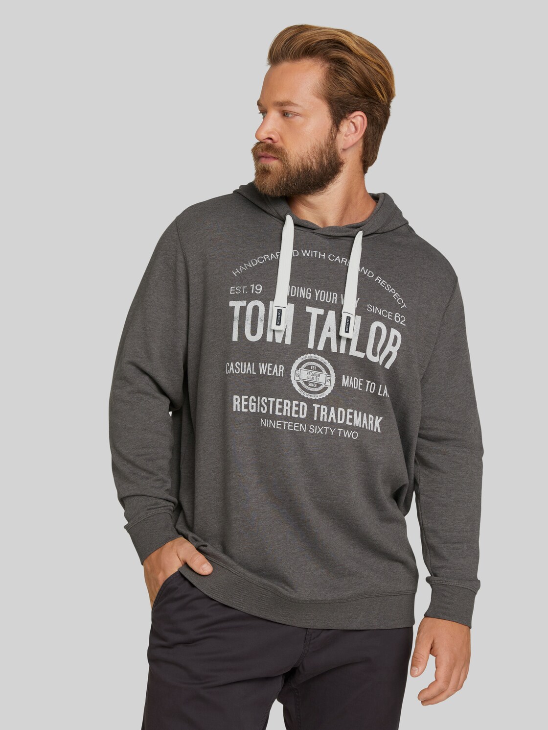TOM TAILOR Hoodie mit Logo Print, Herren, Cyber Grey Melange, Größe: 5XL