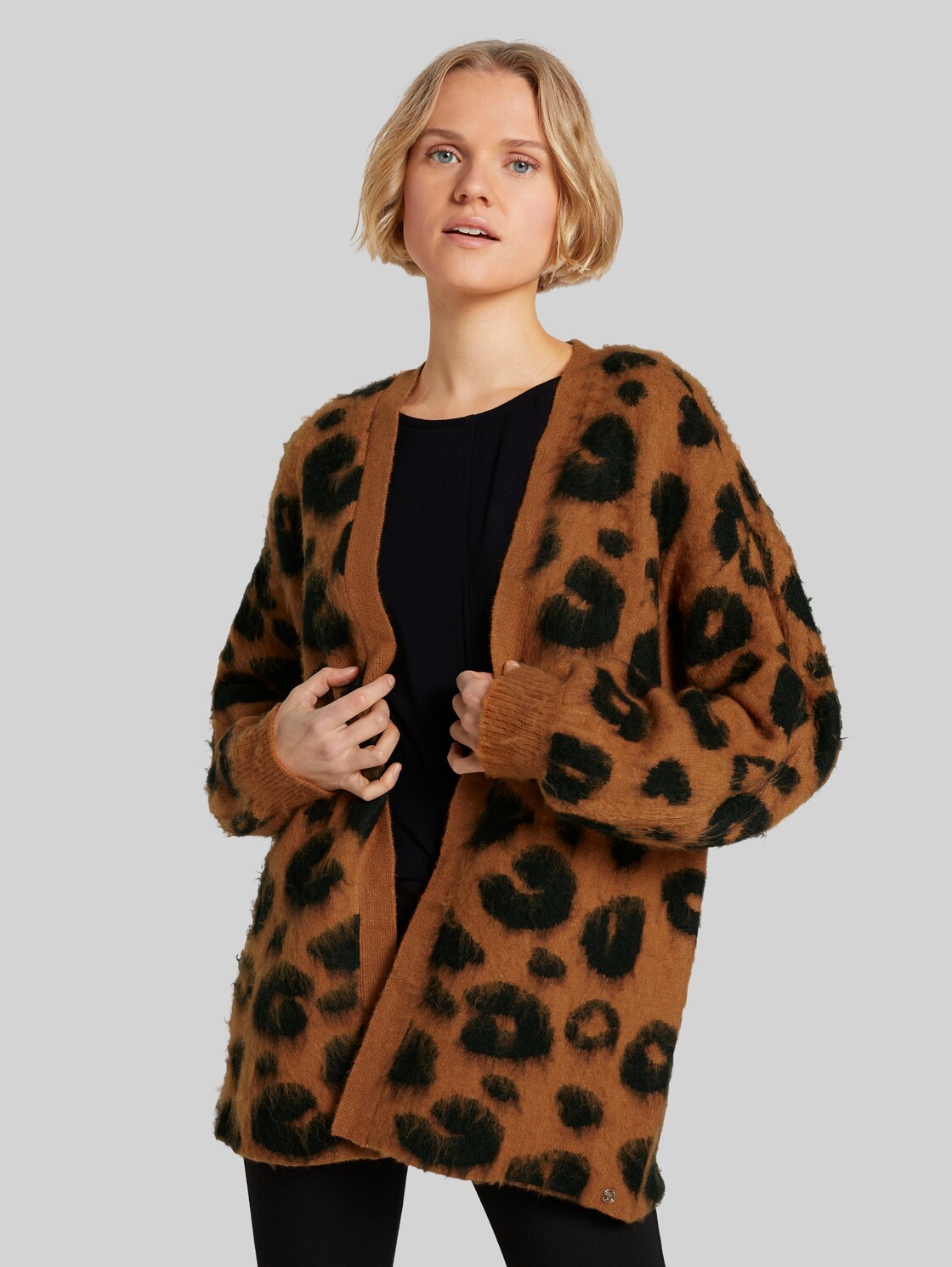 TOM TAILOR DENIM langer Cardigan mit Leoprint, Damen, big leo jacquard, Größe: M