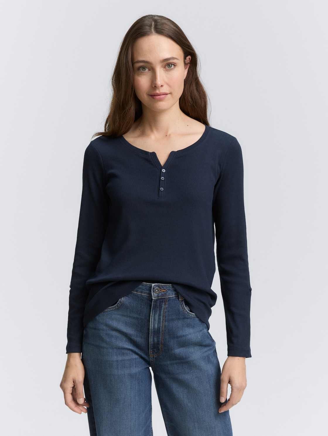 Thumbnail - TOM TAILOR Damen Langarmshirt mit Turn-Up-Funktion, blau, Uni, Gr. XS