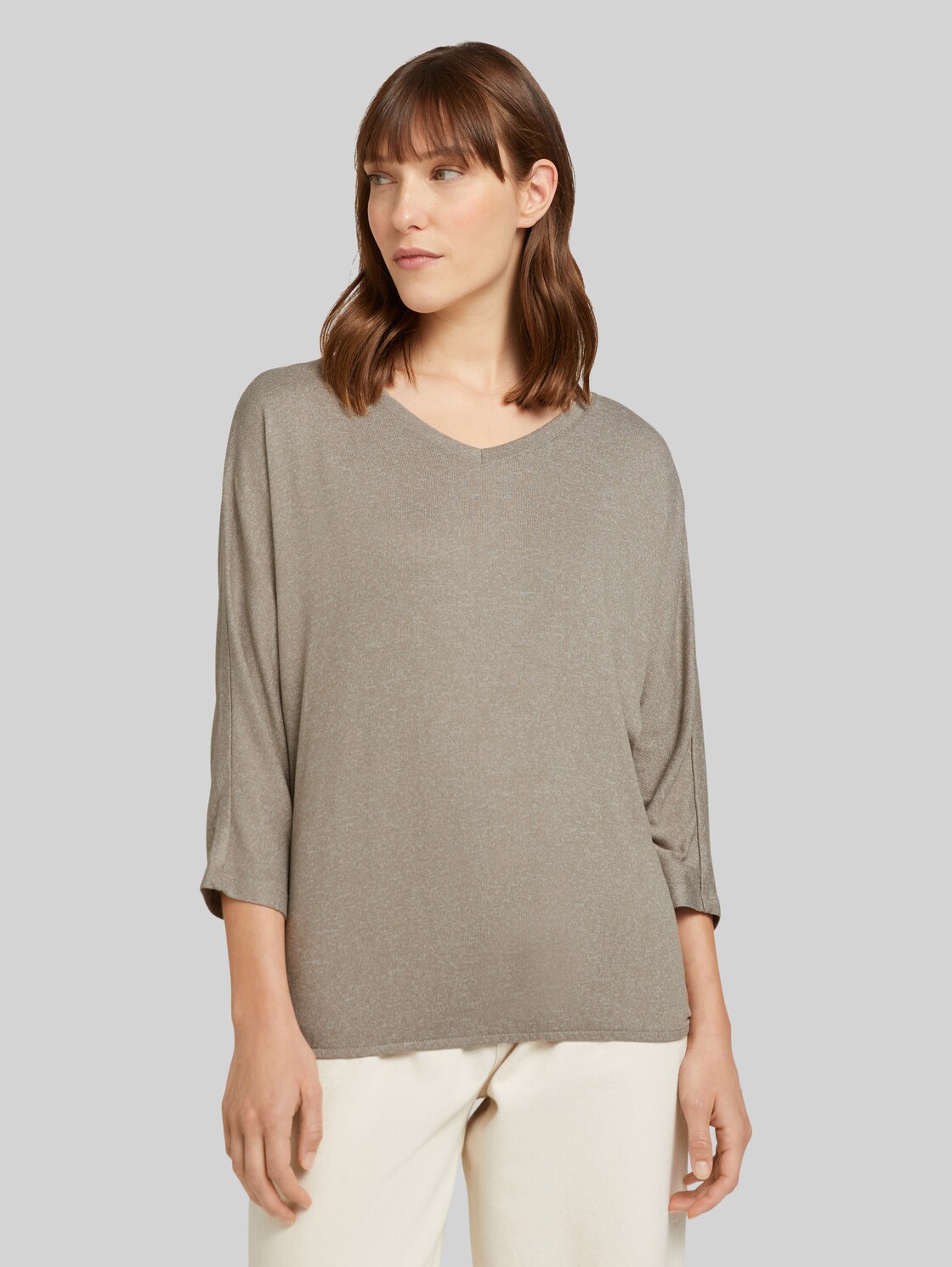 TOM TAILOR Meliertes Shirt mit elastischem Bund, Damen, oyster grey melange, Größe: M