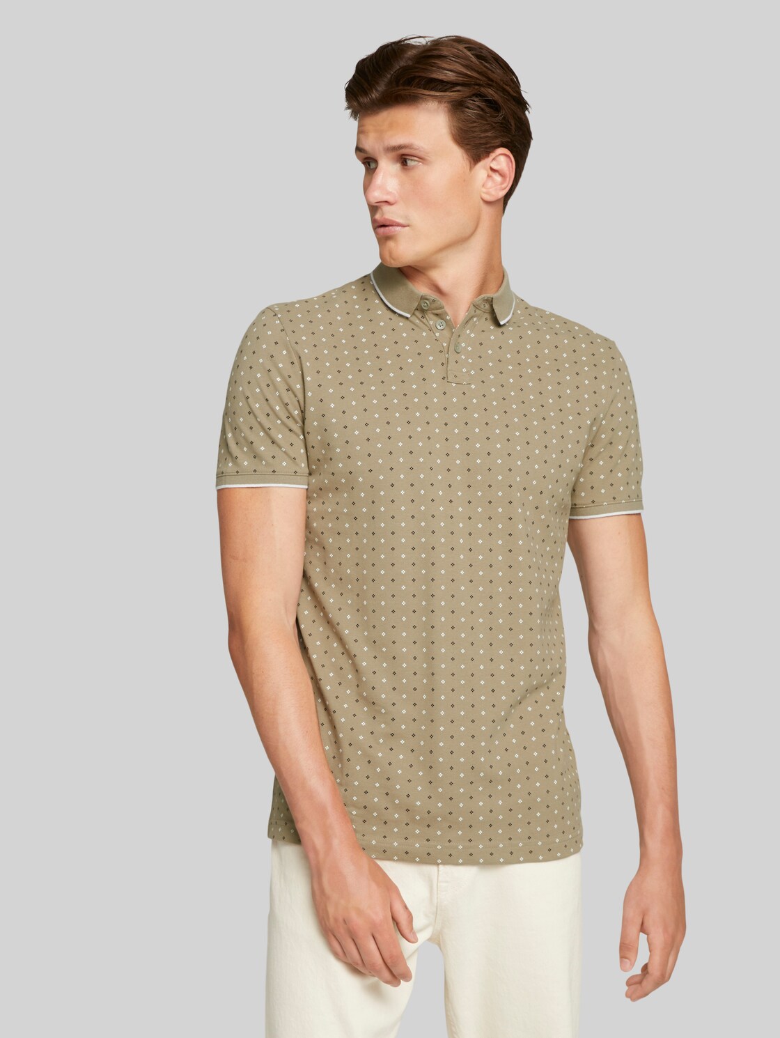 TOM TAILOR DENIM gemustertes Poloshirt, Herren, silver olive regular dot print, Größe: M