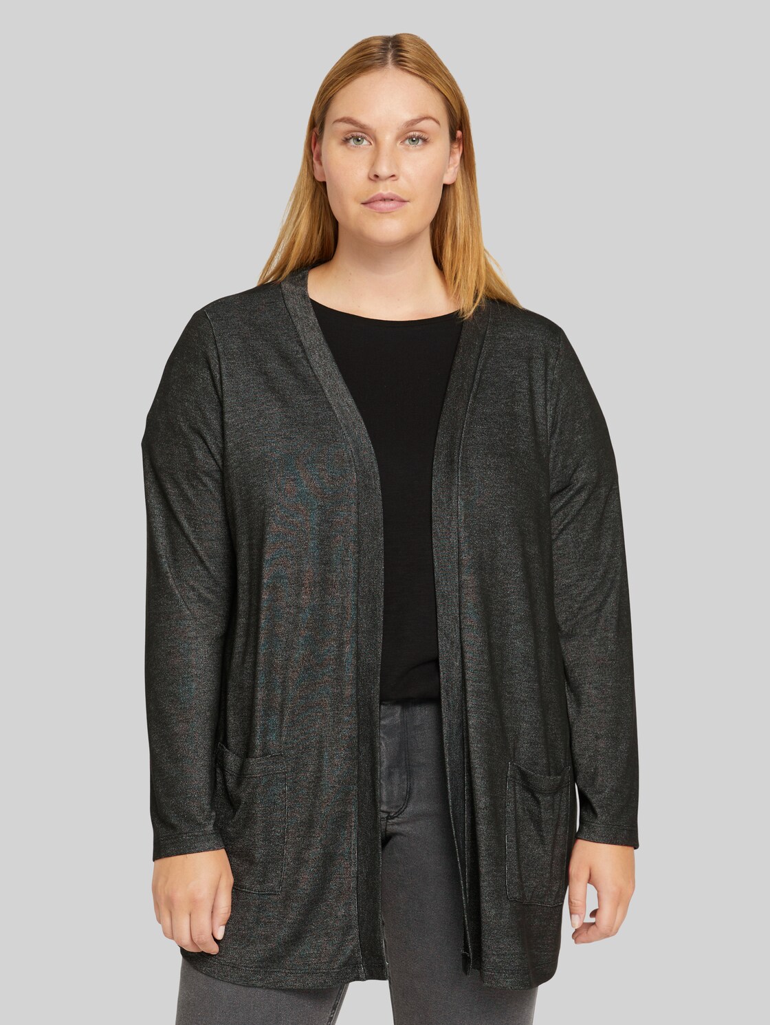 TOM TAILOR Plus - Shirt Cardigan mit LENZING(TM) ECOVERO(TM) und Taschen, Damen, Shale Grey Melange, Größe: 54