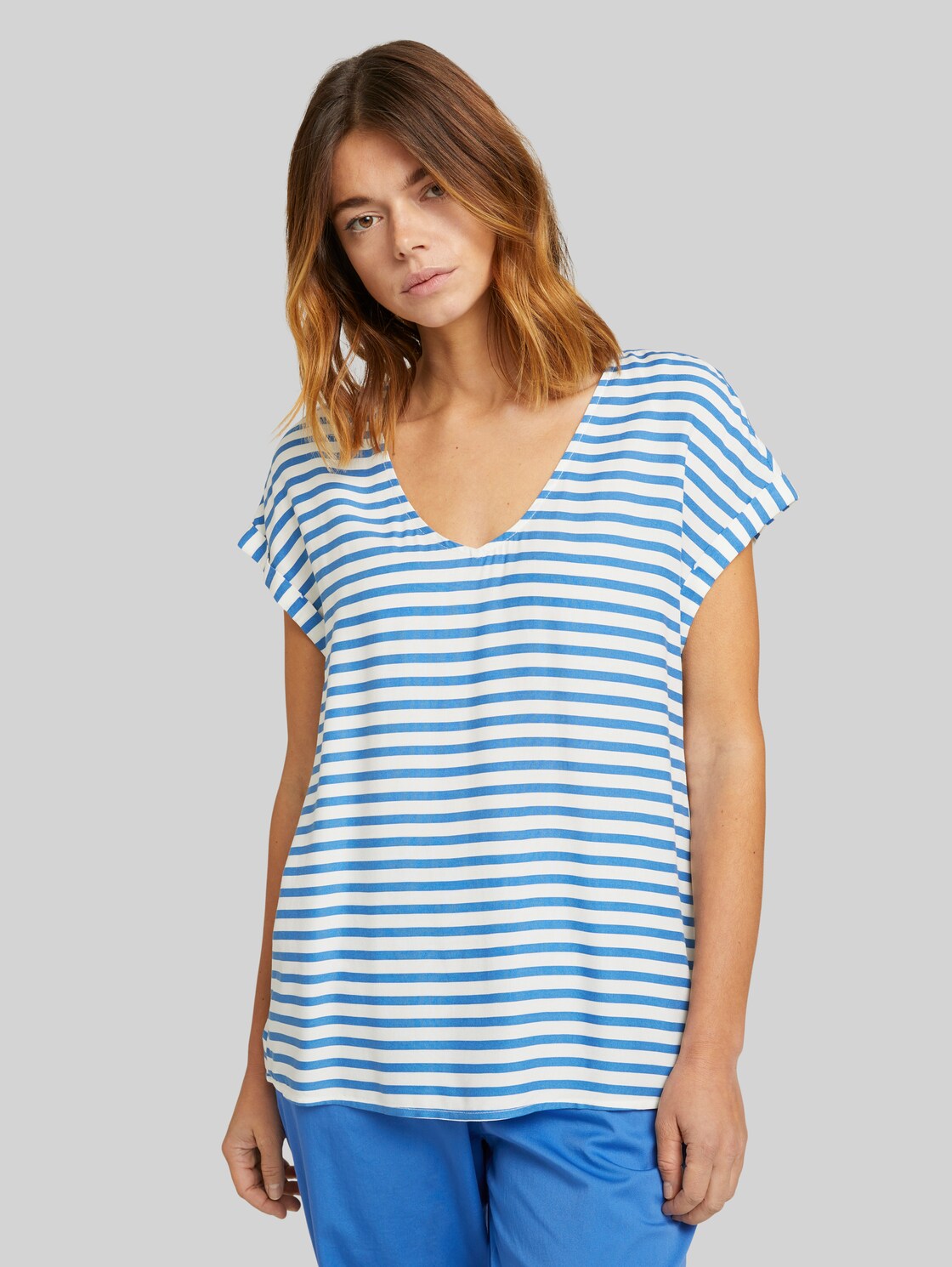 TOM TAILOR DENIM Gemusterte Kurzambluse mit Ausschnittdetail, Damen, mid blue white stripe, Größe: XL