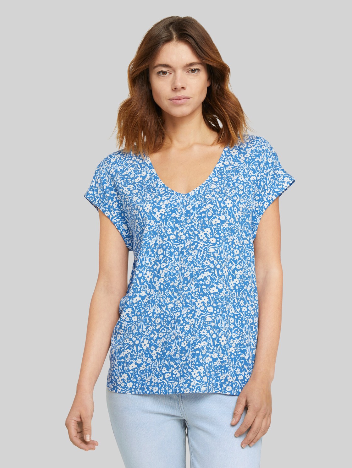 TOM TAILOR DENIM Gemusterte Kurzambluse mit Ausschnittdetail, Damen, mid blue flower print, Größe: XL