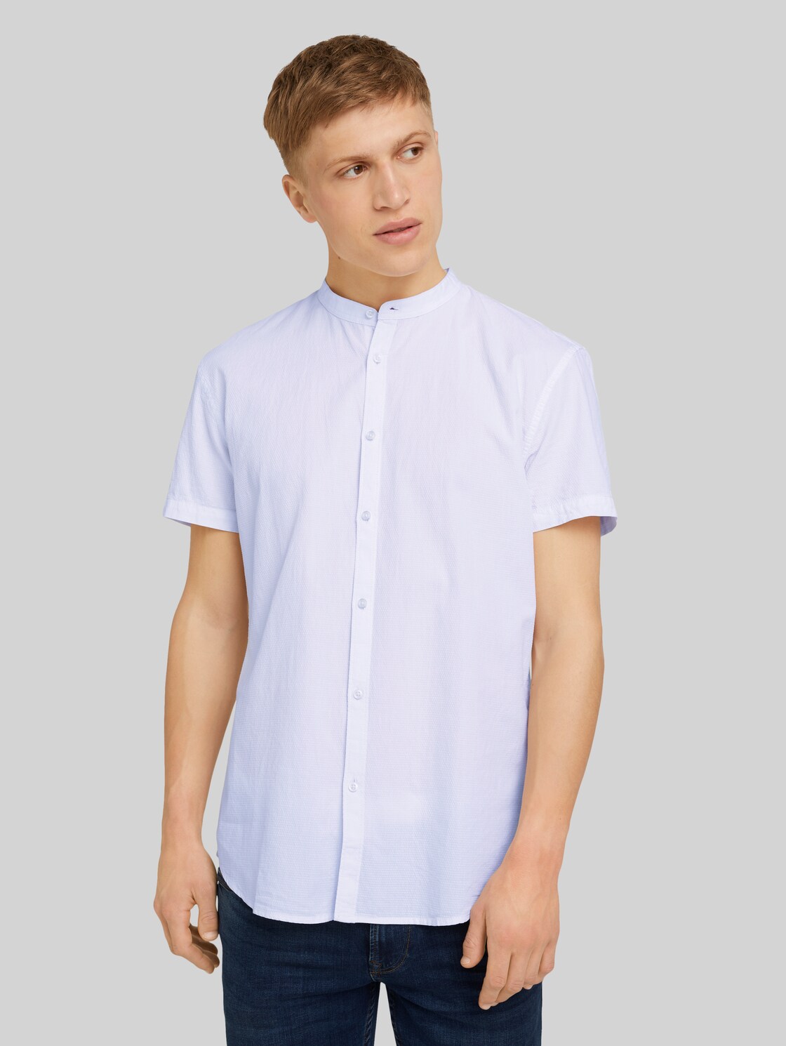 TOM TAILOR DENIM Gemustertes Kurzarmhemd mit Stehkragen, Herren, White, Größe: M